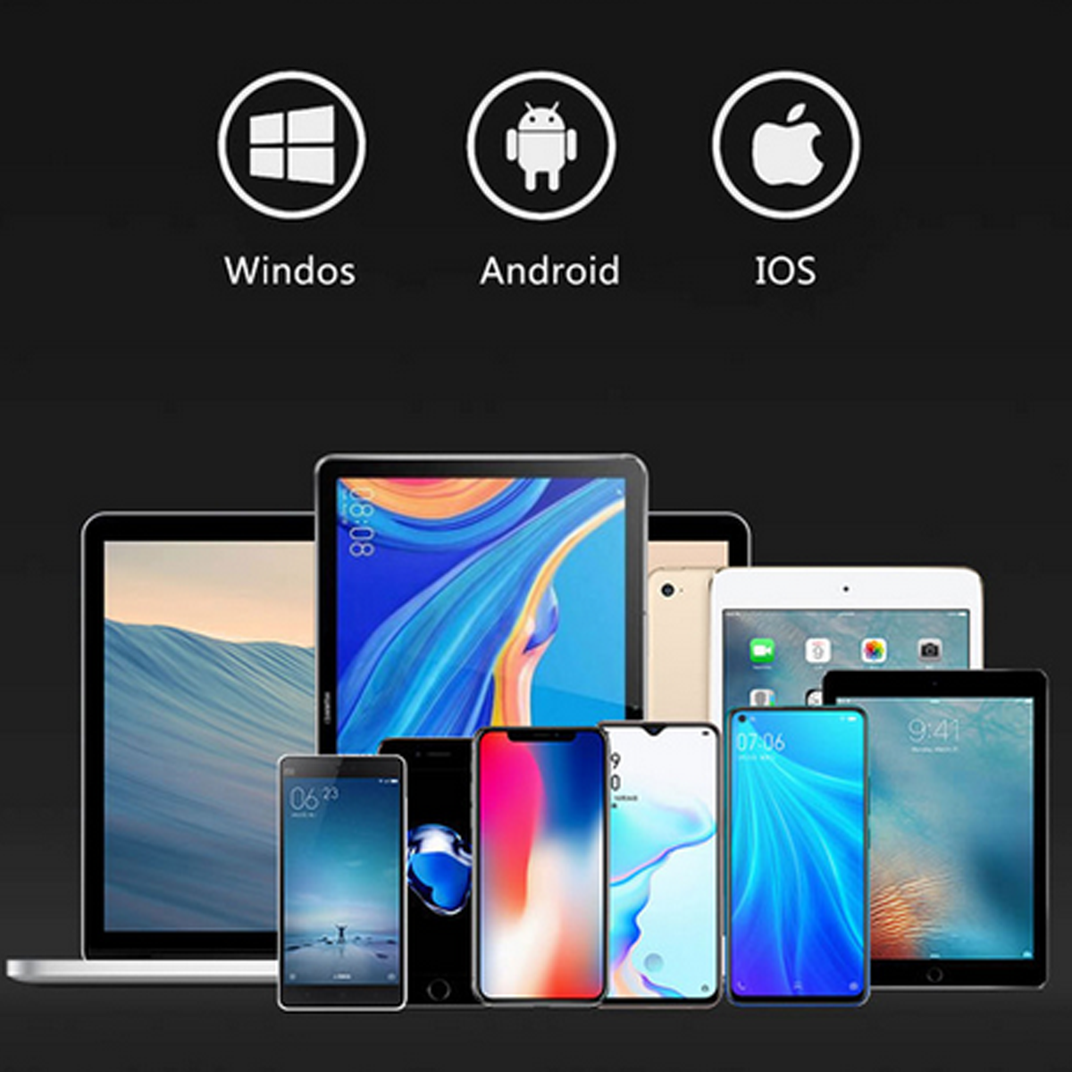 Sammlung von Smartphones und Tablets mit Windows-, Android- und iOS-Logos.