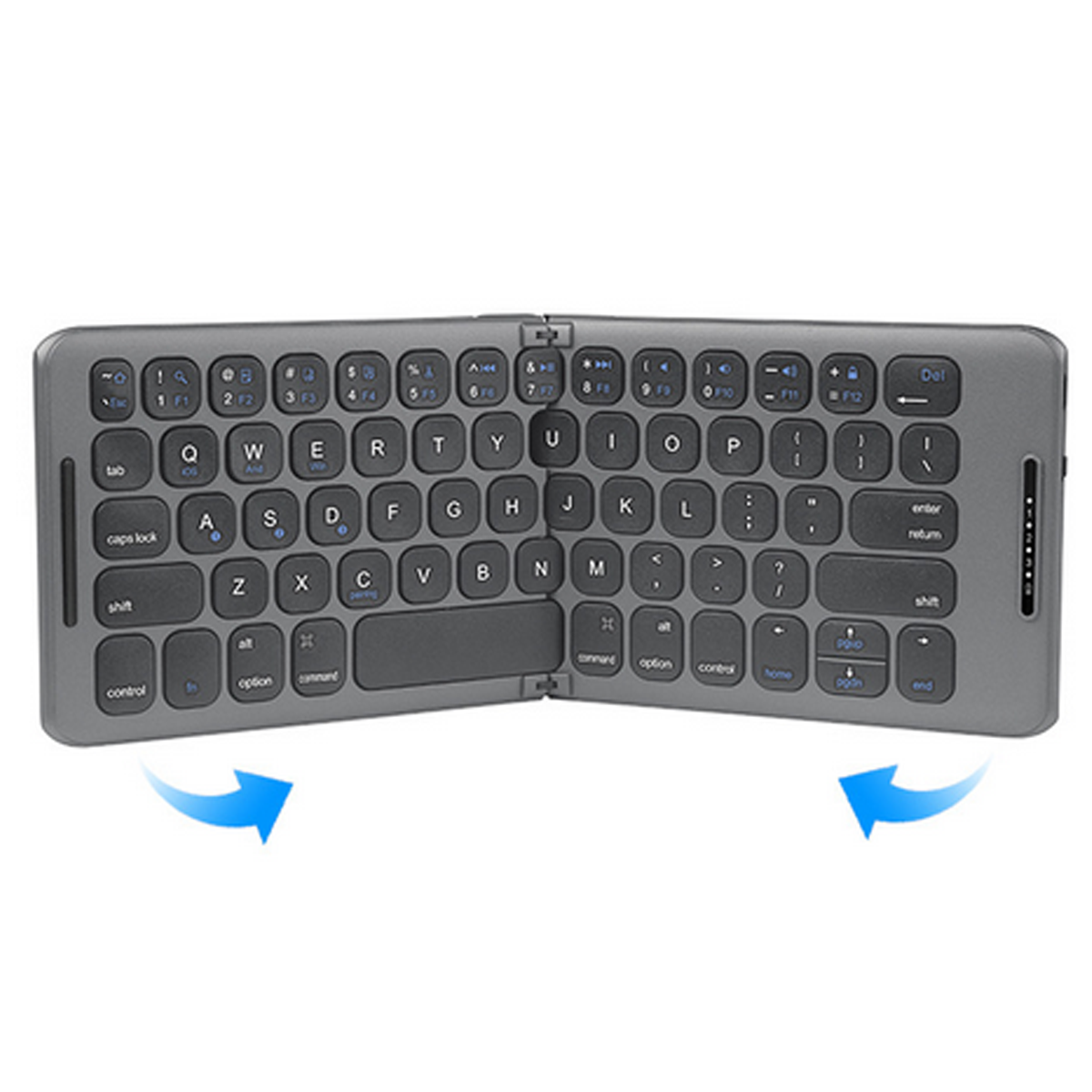Faltbare graue Tastatur, geöffnet und einsatzbereit. Pfeile zeigen die Faltrichtungen an. Tasten sind sichtbar.
