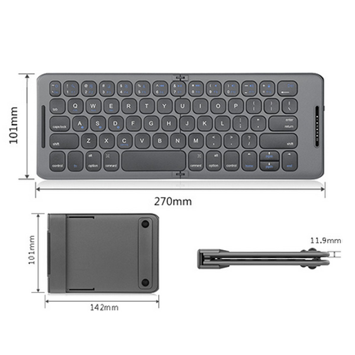 Graue Tastatur mit Maßen. Tasten sichtbar, Draufsicht und Seitenansicht zeigen Dicke.