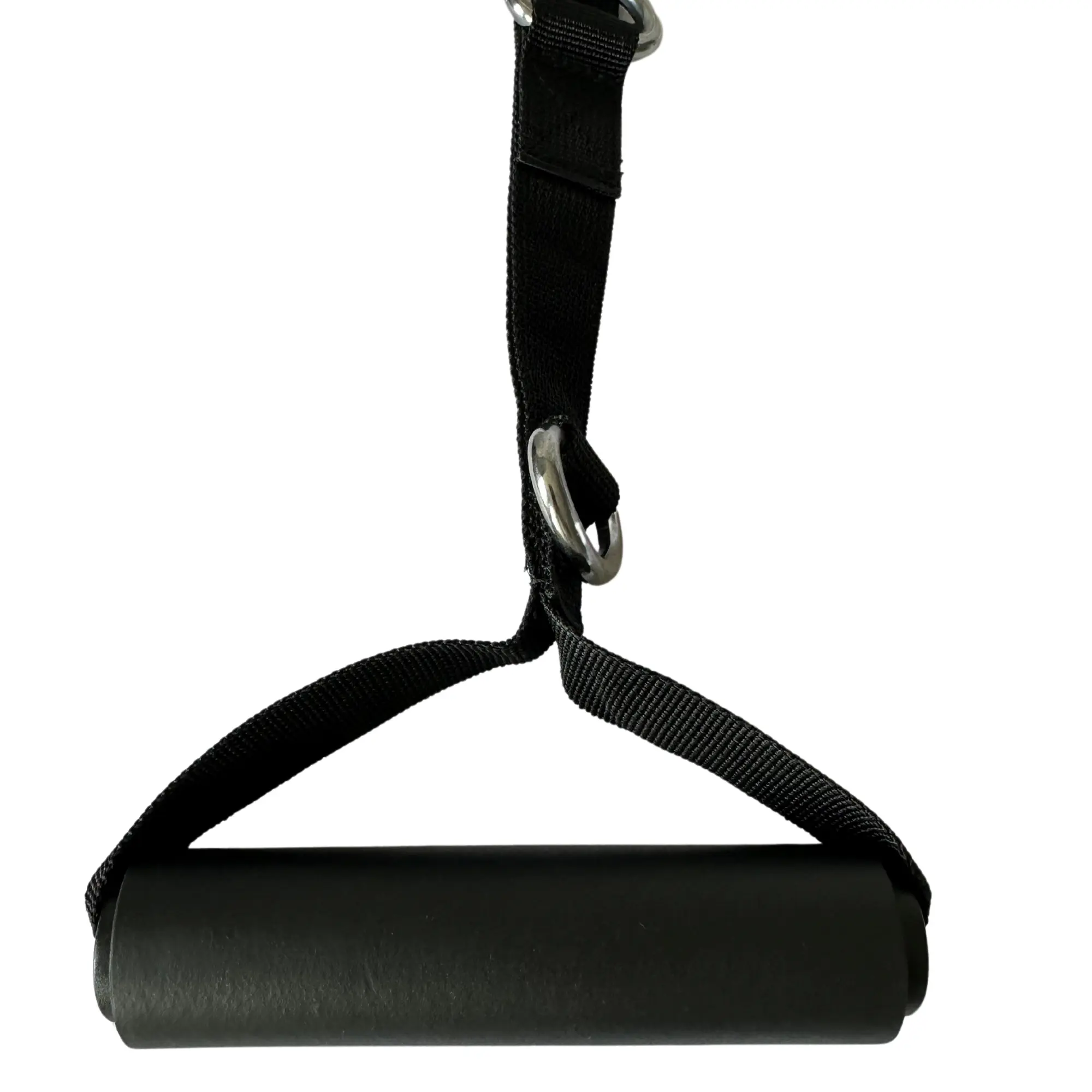 Black exercise handle with a black strap and a silver metal ring, isolated on white.
