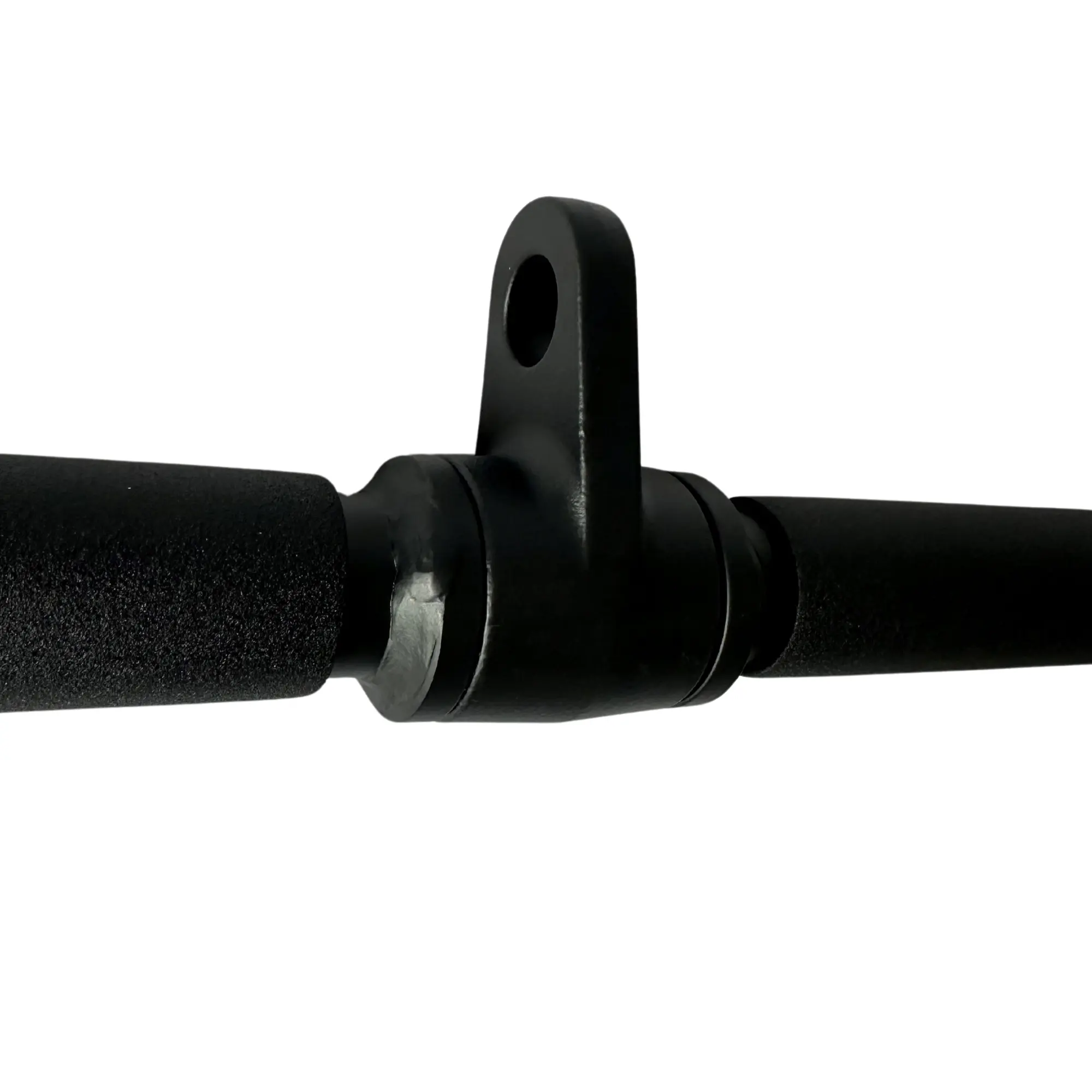 Black gym bar with foam grips. A hole for attachment on top. White background.