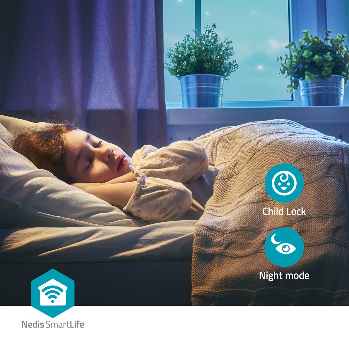 Meisje slapend in bed, met slimme huisbesturingspictogrammen voor kinderslot en nachtmodus.