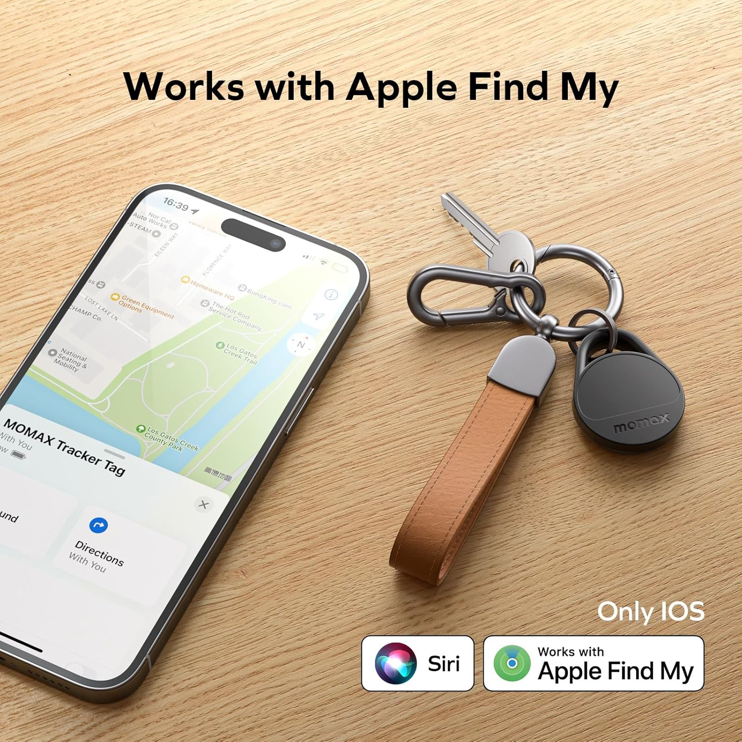A phone with a map, a key chain with a tracker, and the text 'Works with Apple Find My'.