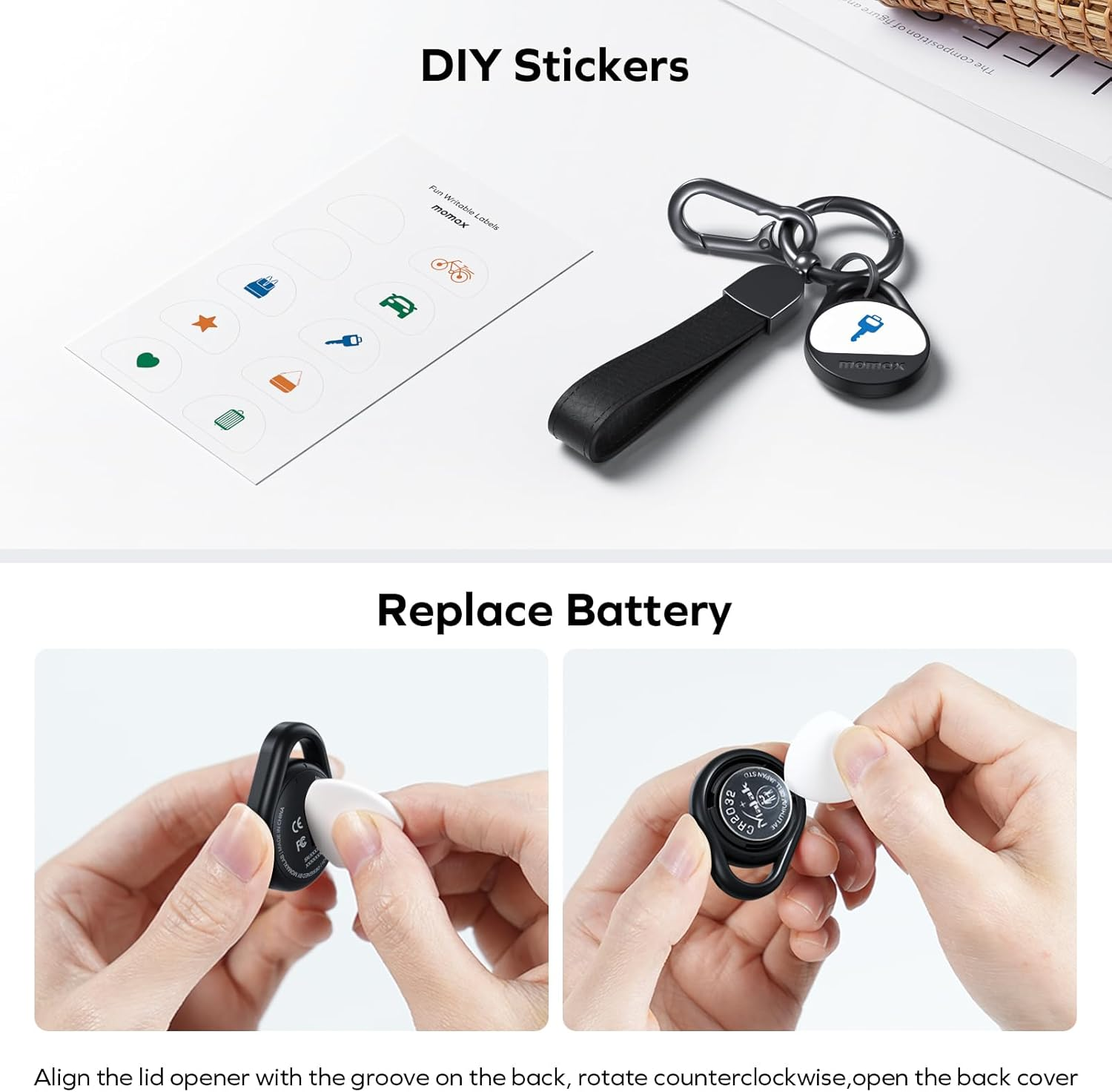 DIY stickers, keychain with a key, and replacing battery on a small device.