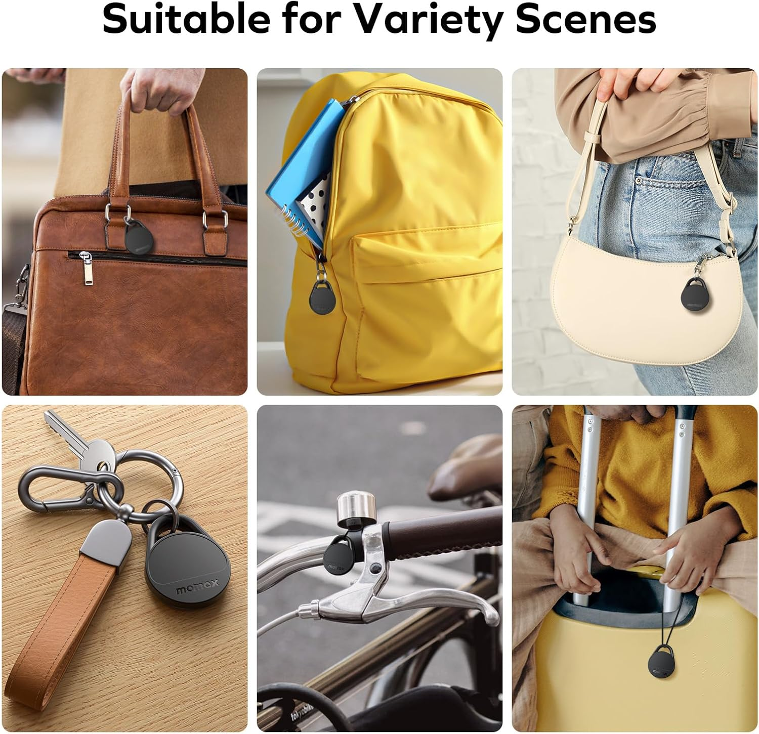 Black tracking device attached to different items: bag, keys, backpack, bike, and suitcase.