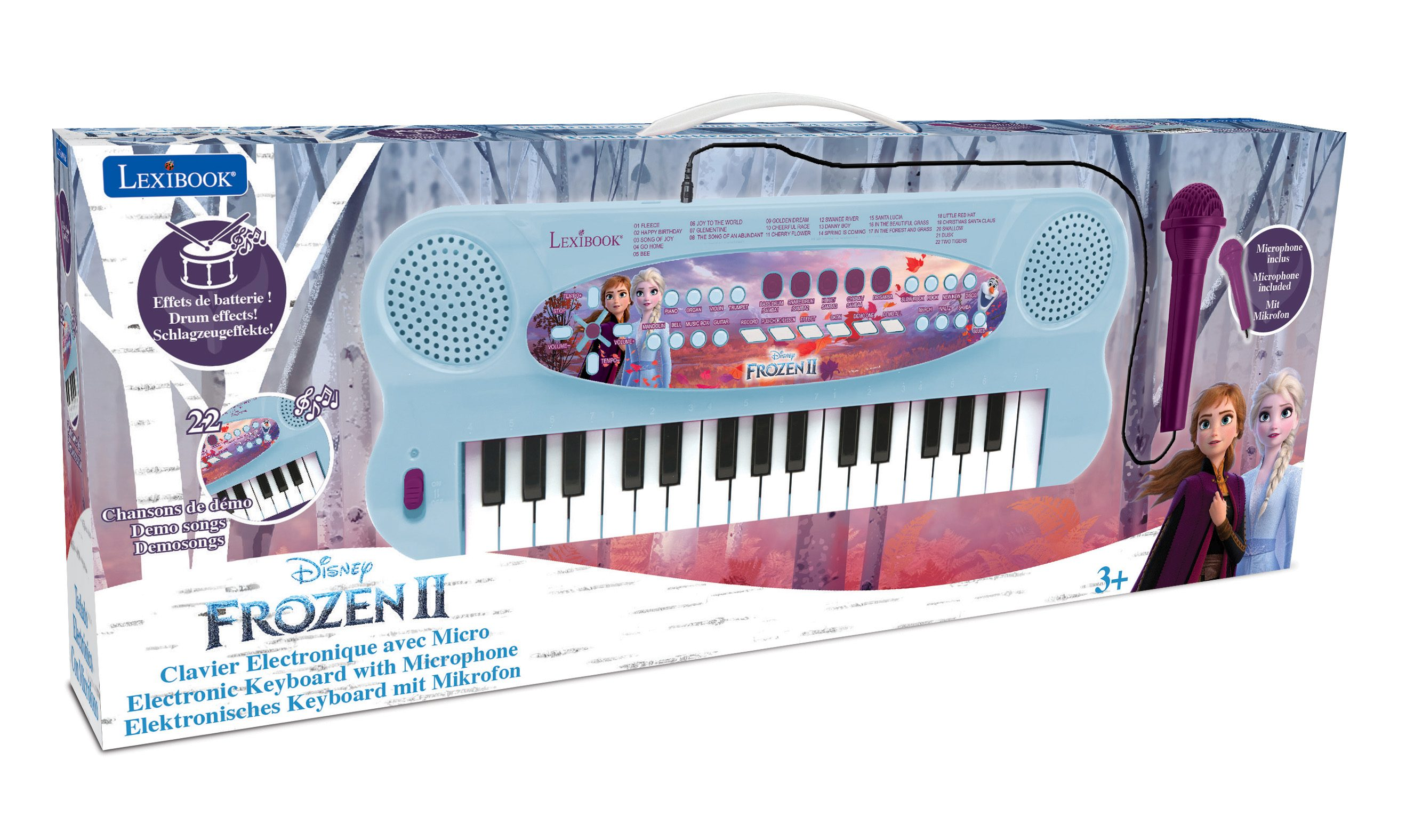 Teclado de juguete con tema Frozen 2, micrófono y diseño colorido.