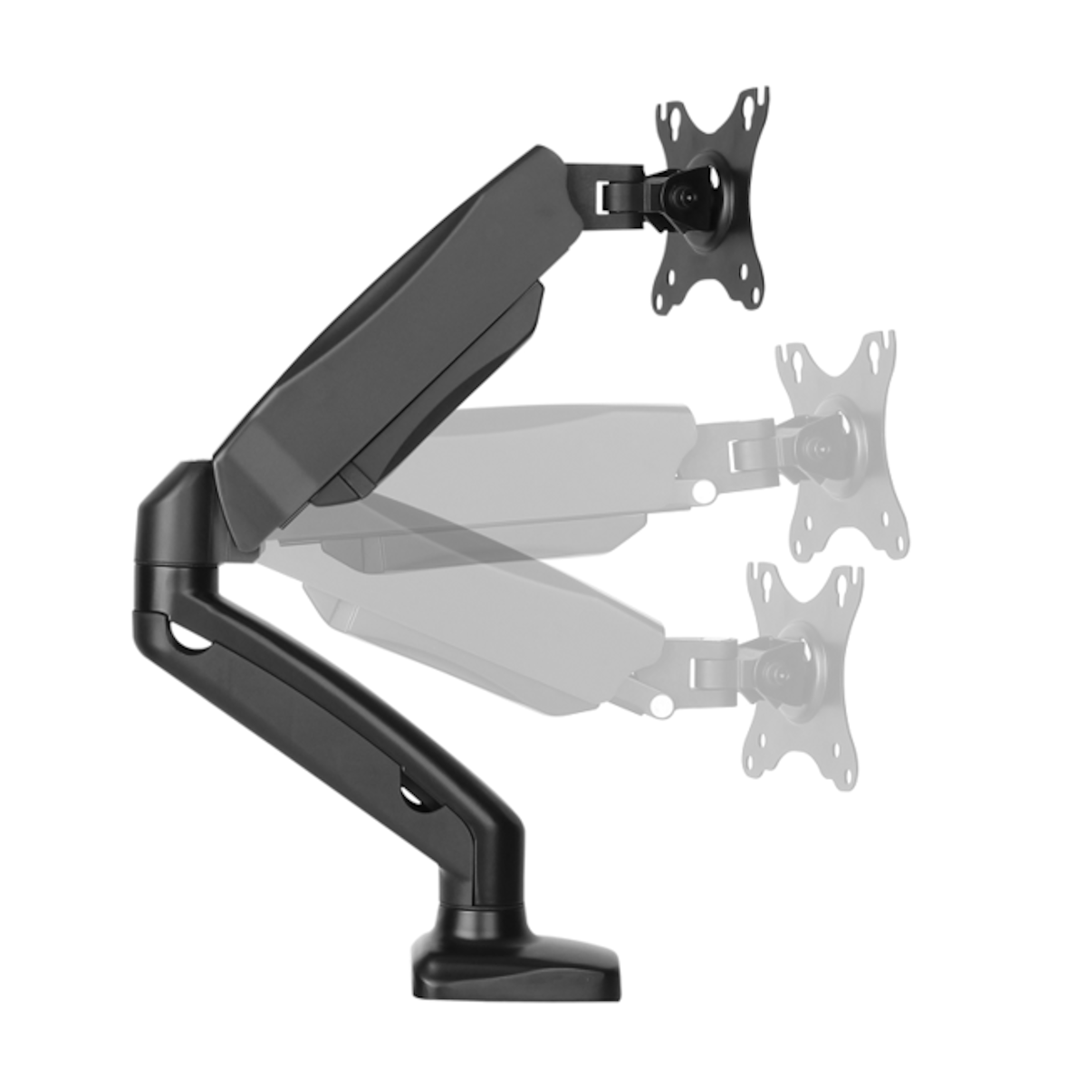 Bras de moniteur noir avec articulations réglables, fond blanc.