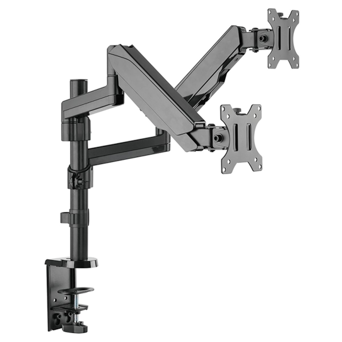 Zwarte dubbele monitorarm op witte achtergrond. Het heeft twee beugels voor monitoren.