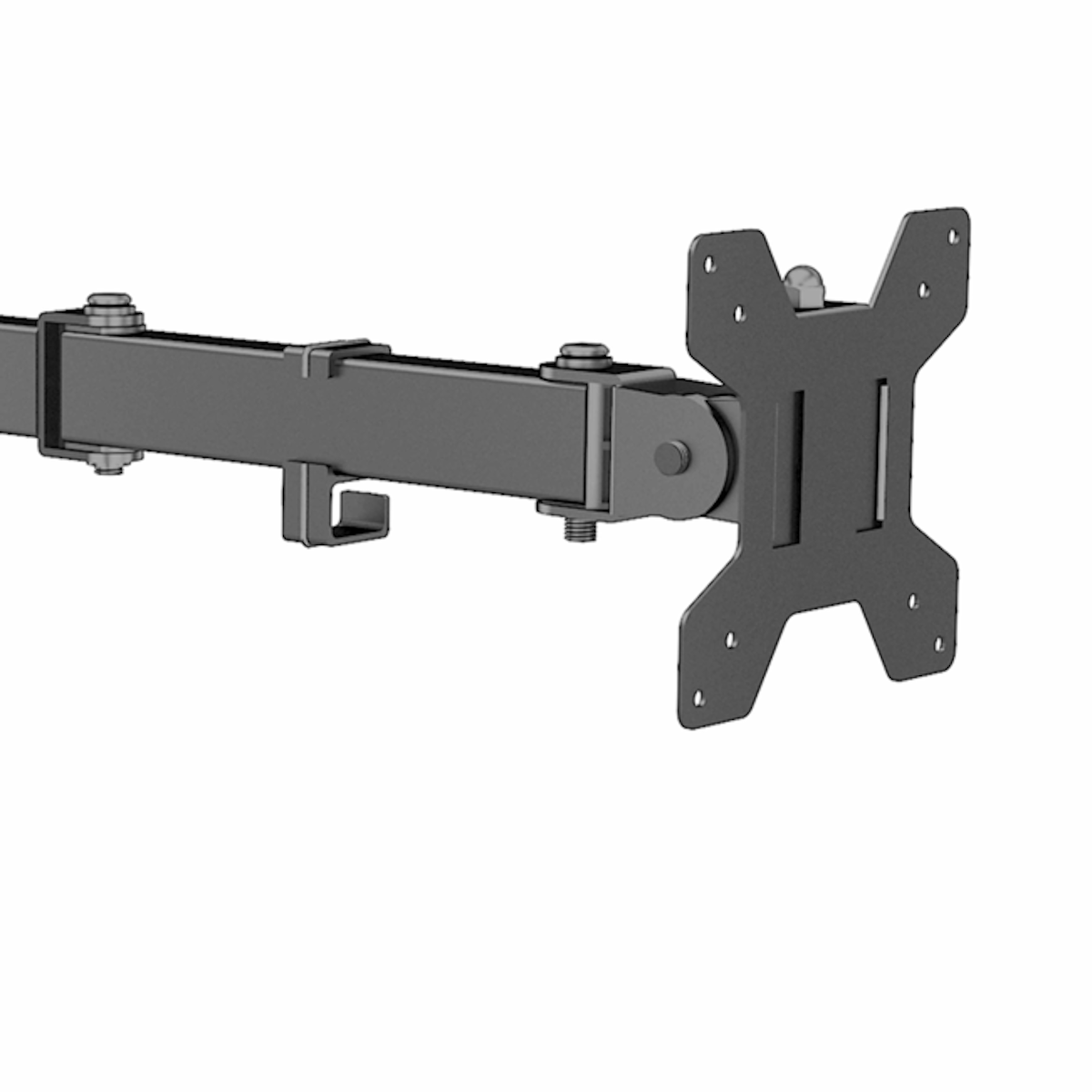 Gros plan du support de bras de moniteur noir. Montre un support avec plusieurs trous et vis.
