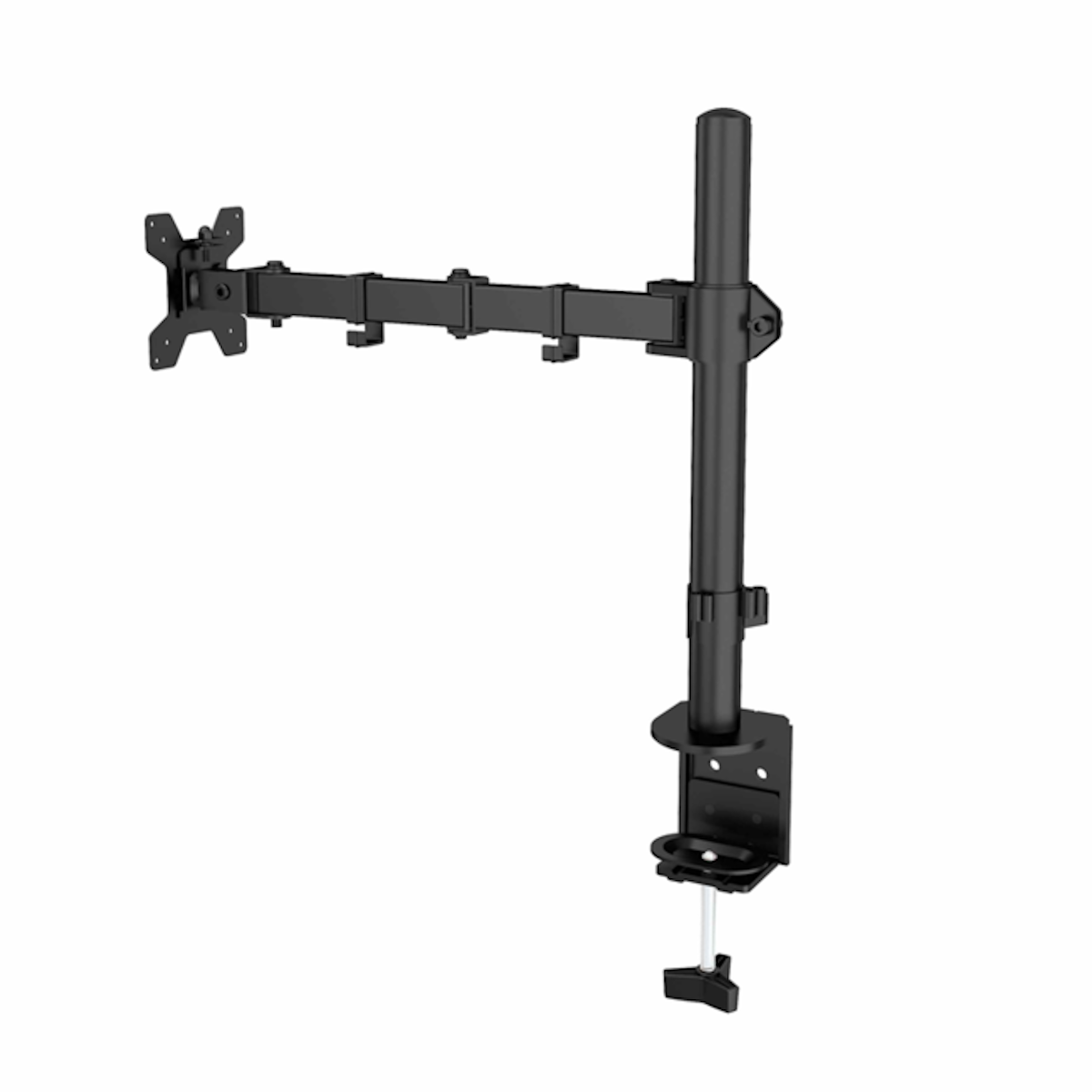 Bras de moniteur noir avec base à pince, supporte un écran. Fond blanc.