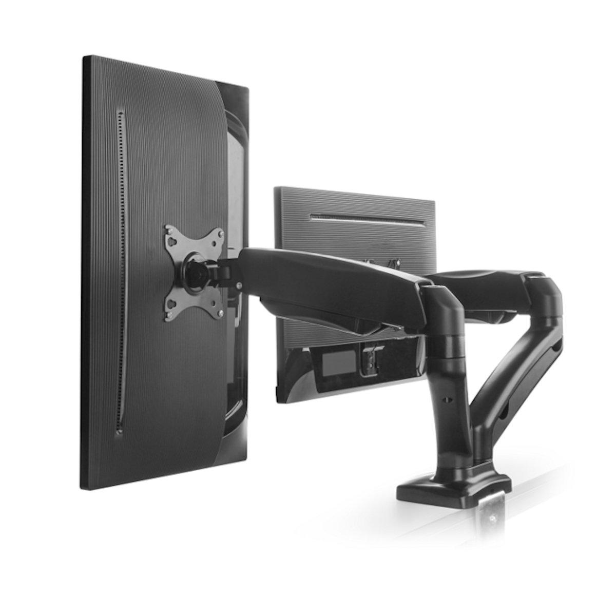 Een zwarte monitorarm met twee monitoren, zijaanzicht, geïsoleerd op wit.