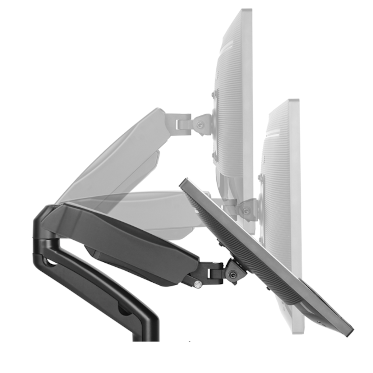 Monitorarm met twee monitoren, die het bewegingsbereik en de aanpassing tonen.