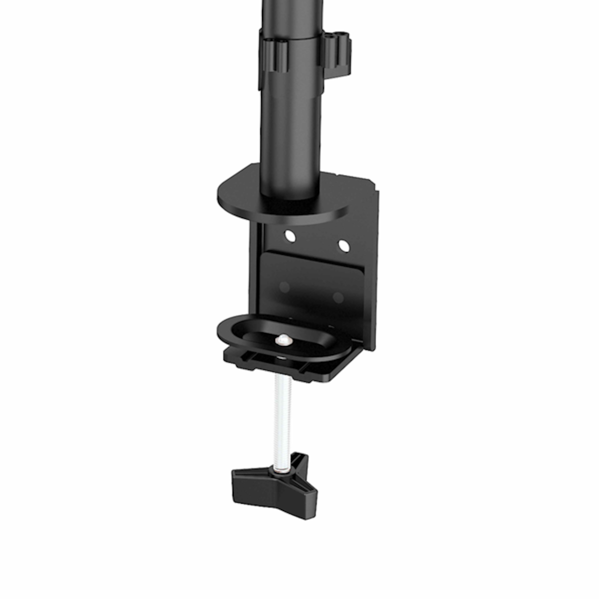 Gros plan sur une pince de bureau noire avec une vis et un bouton noir, fixée à un poteau noir.
