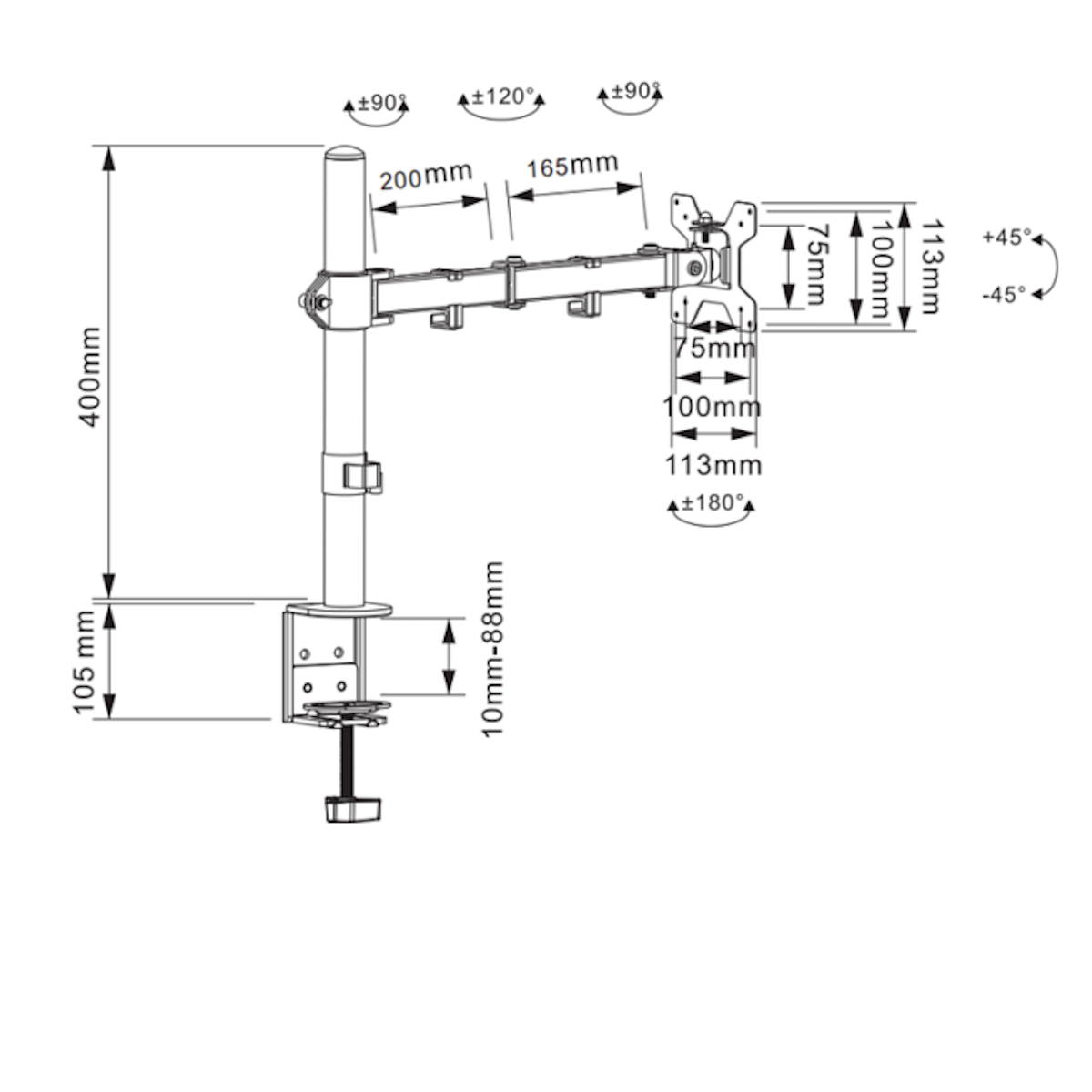 Diagramme d'un support de bras de moniteur avec dimensions et angles étiquetés.