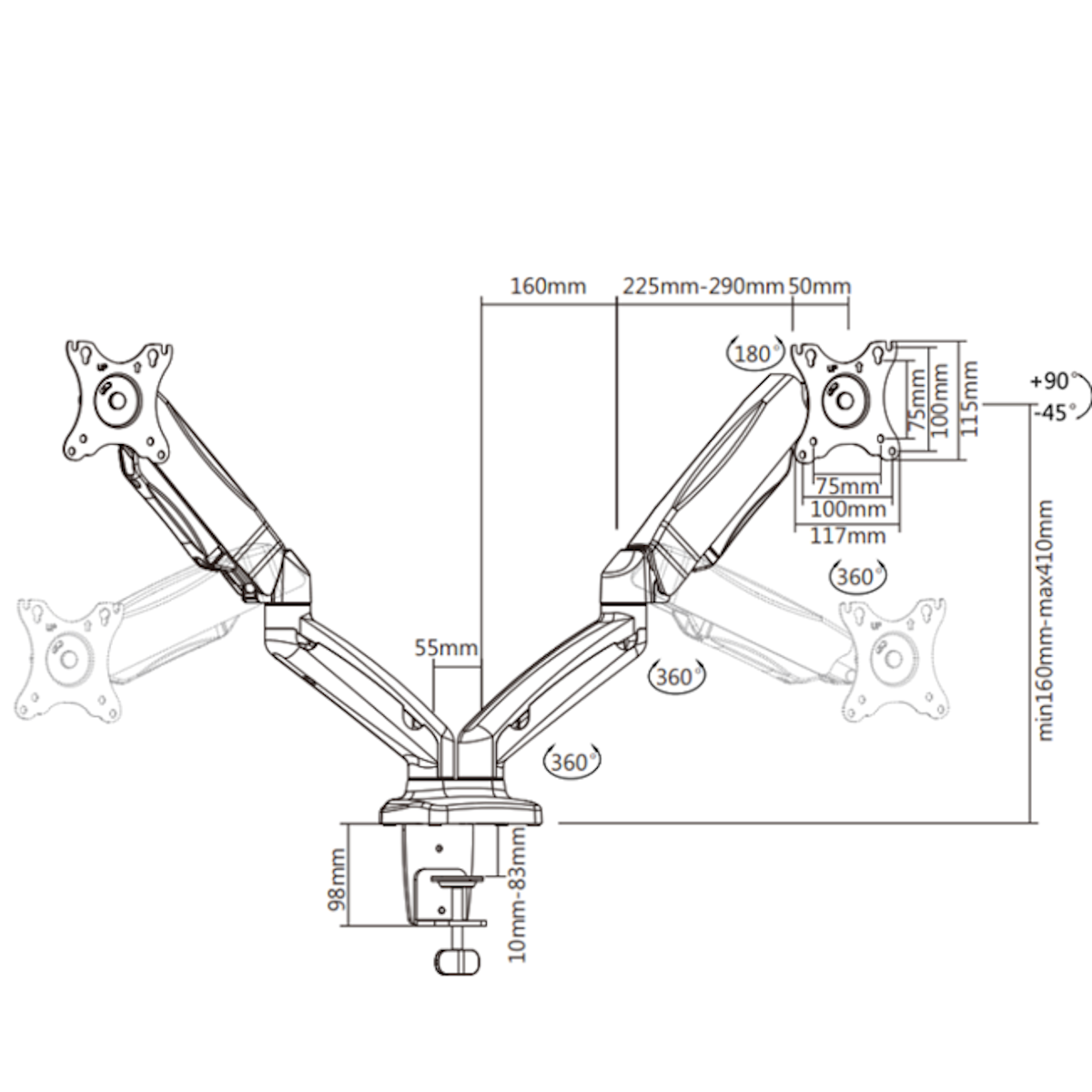Diagram van een zwarte monitorarm met afmetingen en hoeken.