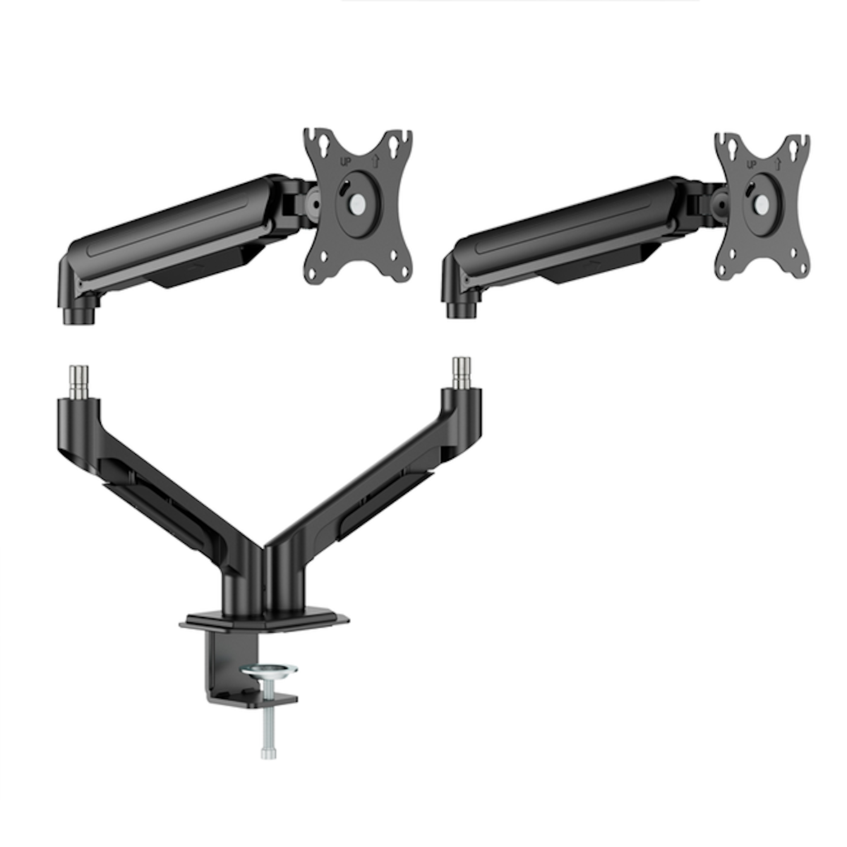 Bras de moniteur noirs, avec les supports de montage et la pince visibles.
