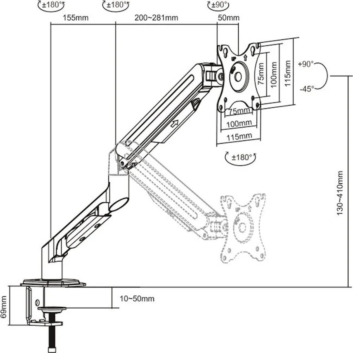Schéma d'un bras de moniteur. Montre les mesures et les angles, le support et le bras articulé.