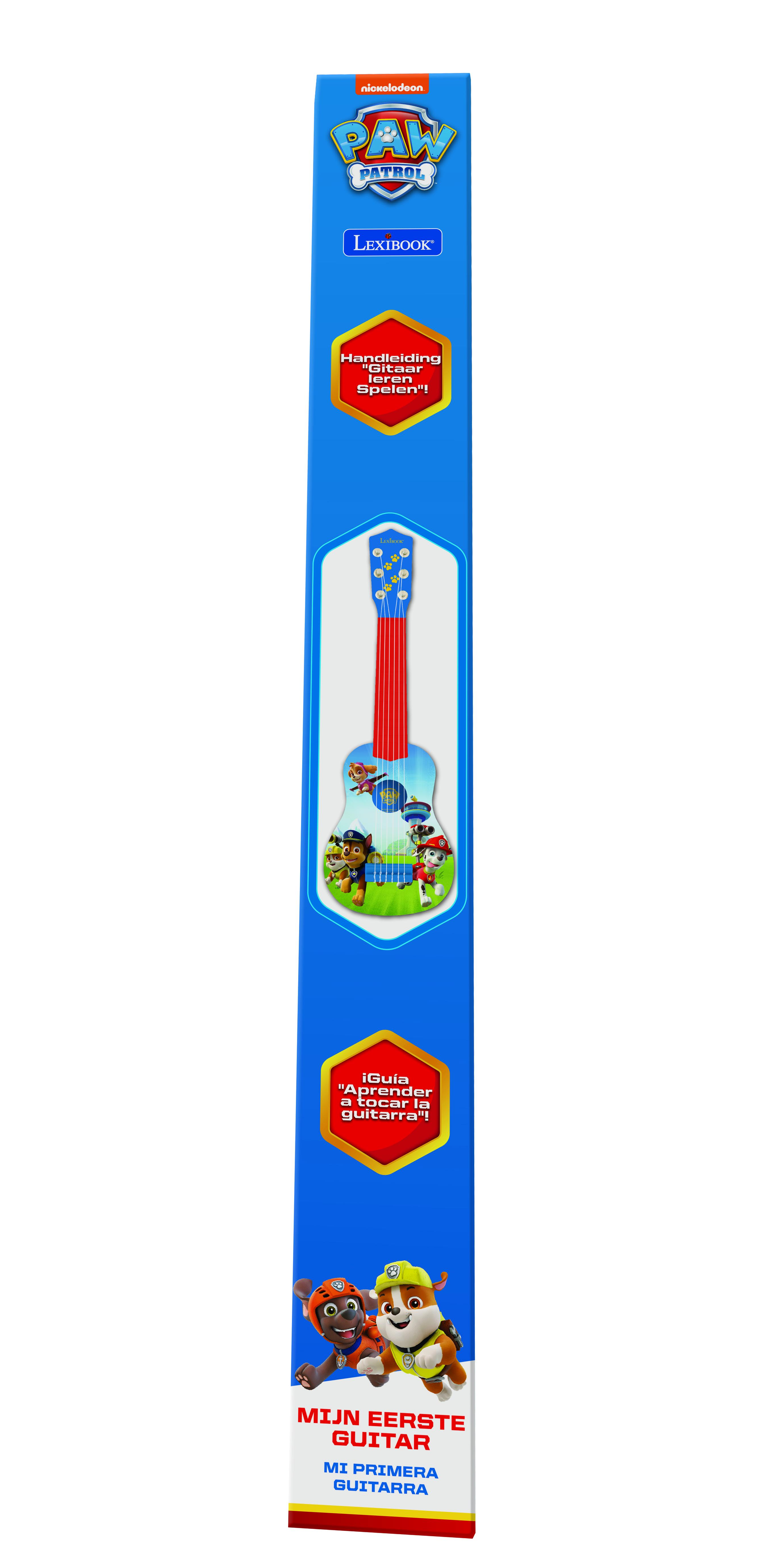 Niebieska gitara Paw Patrol w opakowaniu. Opakowanie pokazuje gitarę i postacie z Paw Patrol.