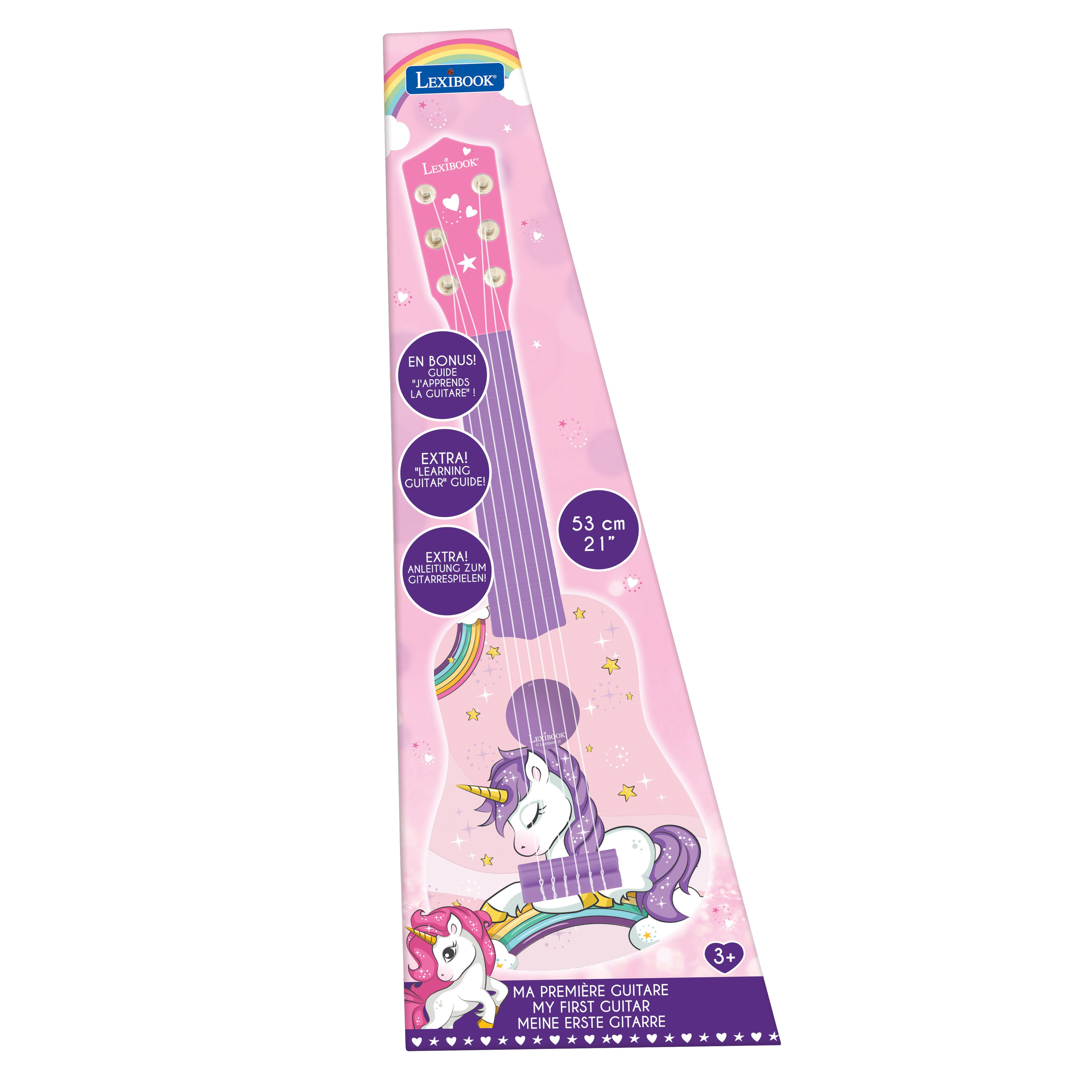 Guitarra de juguete rosa en una caja con diseño de unicornio y la palabra "Lexibook".
