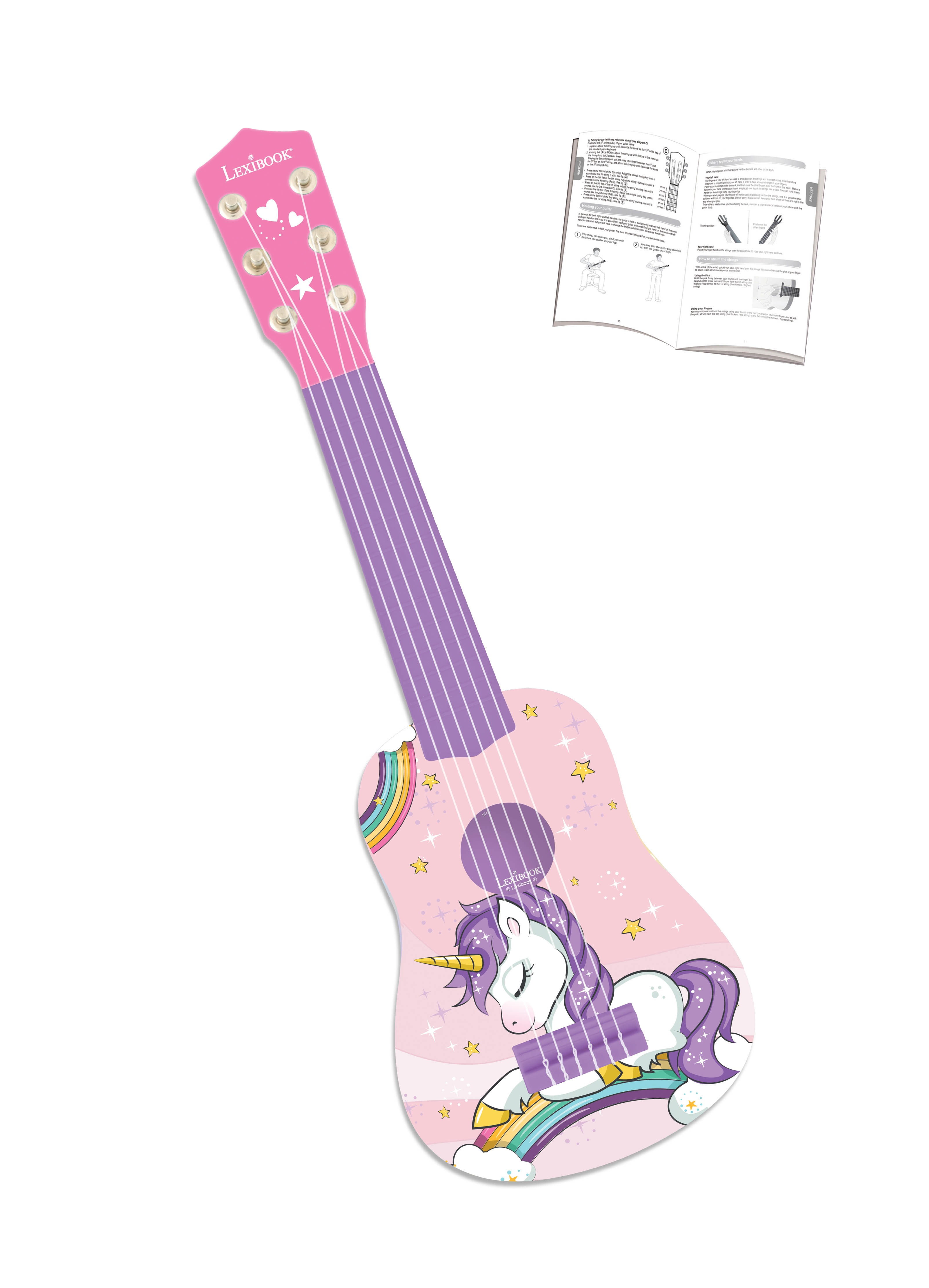 Guitarra de juguete rosa con diseño de unicornio y una pequeña hoja de instrucciones sobre fondo blanco.