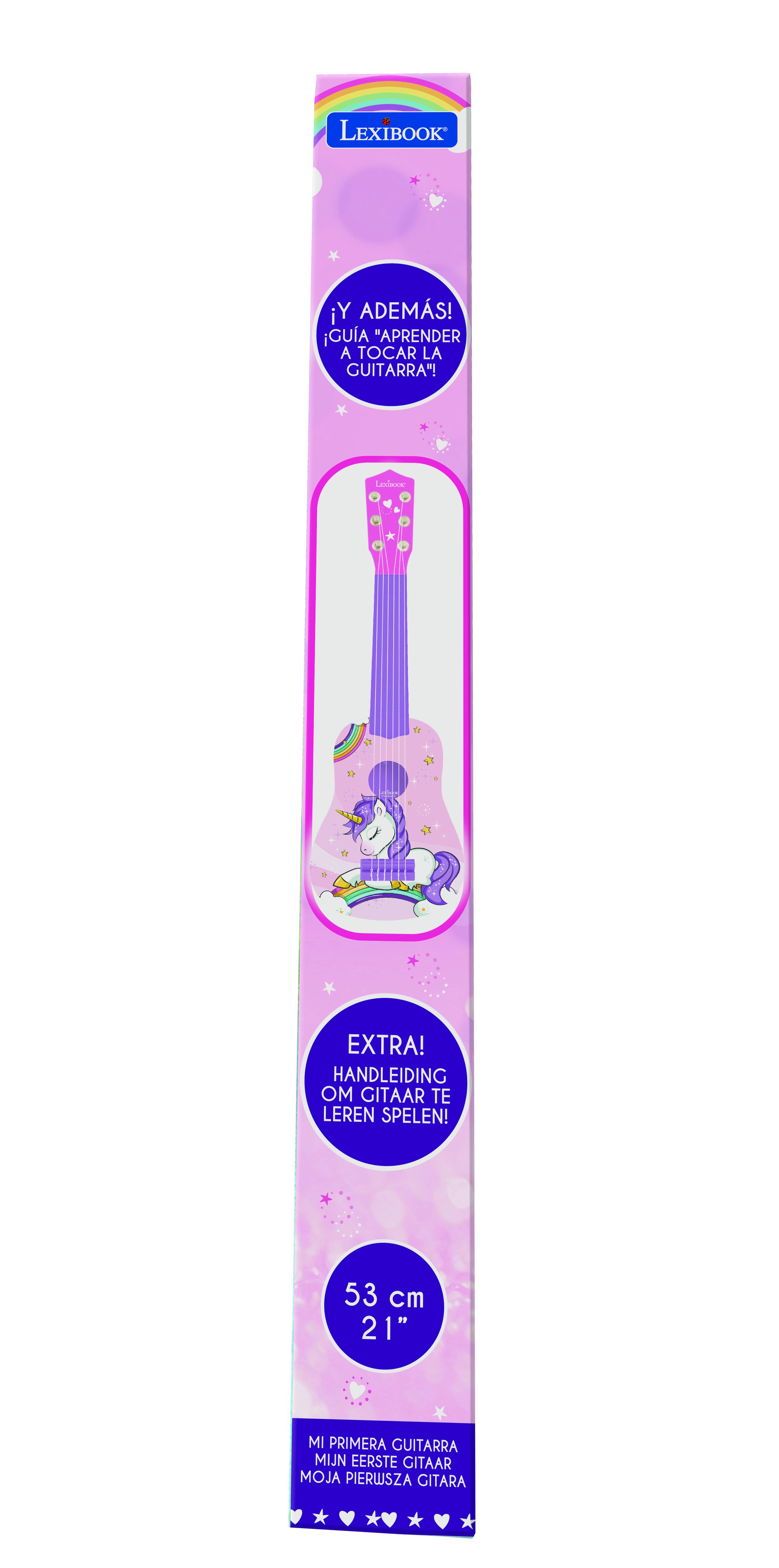 Una funda de guitarra rosa con un diseño de unicornio y texto, con un arcoíris.