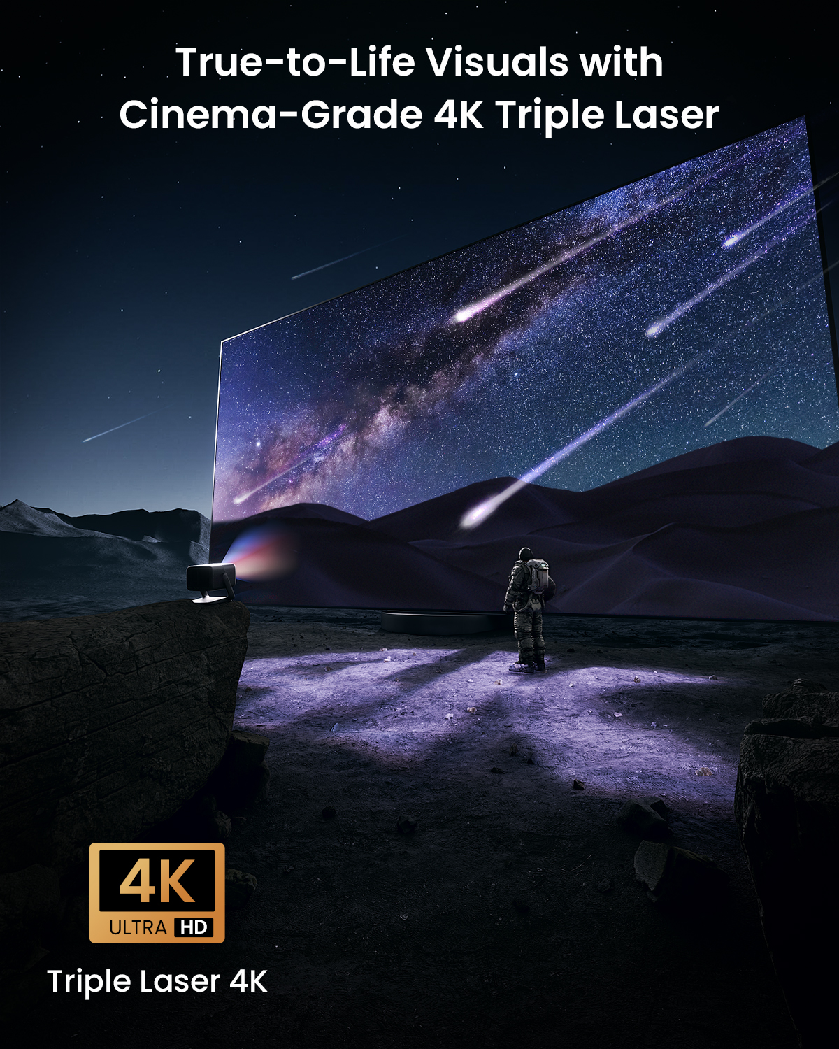 Scène de nuit avec une image 4K projetée d'un ciel étoilé, avec une personne debout.