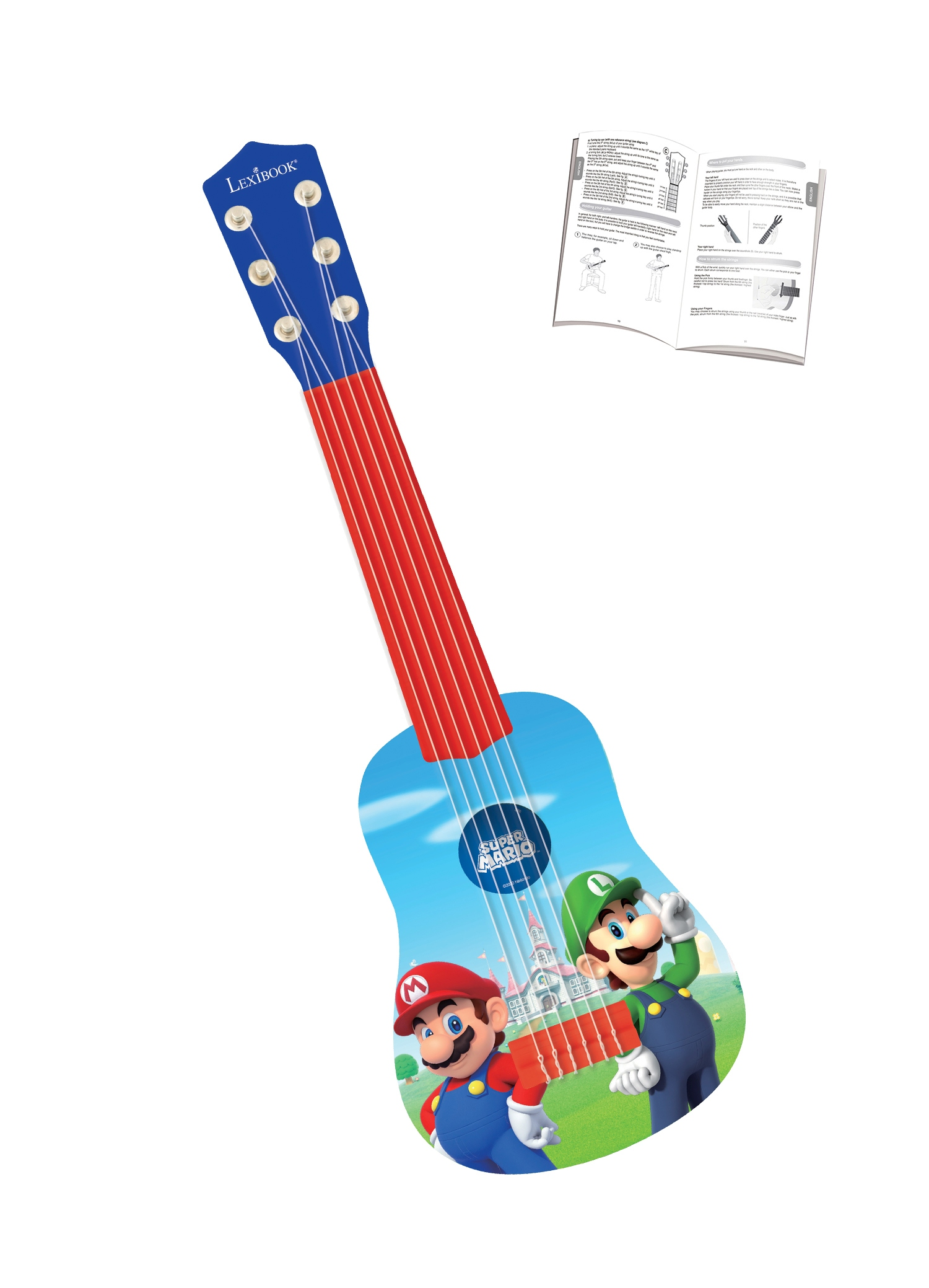 Guitarra de juguete azul con Mario y Luigi. Fondo blanco con manual.