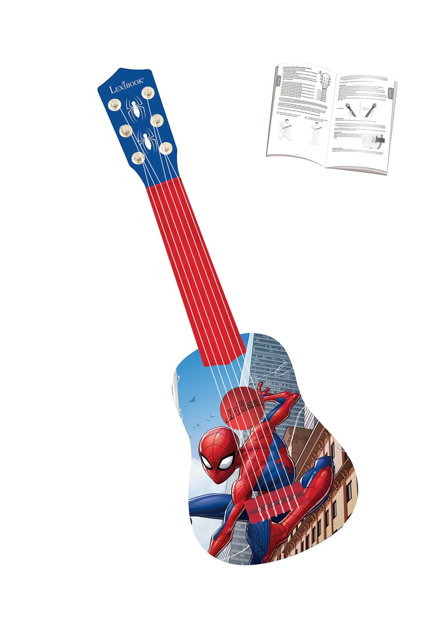 Una guitarra azul de Spider-Man con mástil rojo y un manual de fondo.