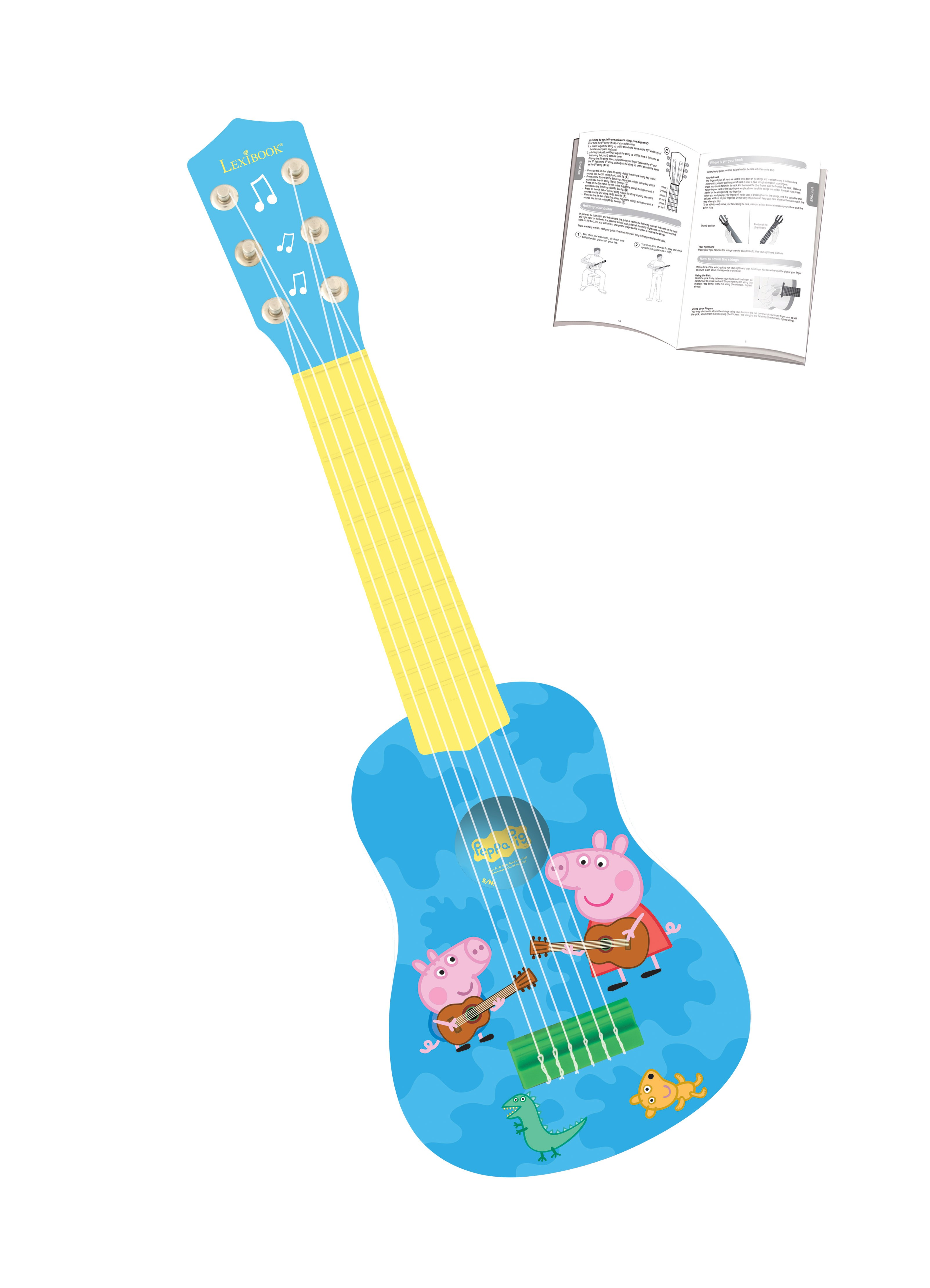 Niebieskie ukulele Peppa z dwiema figurkami i książką.