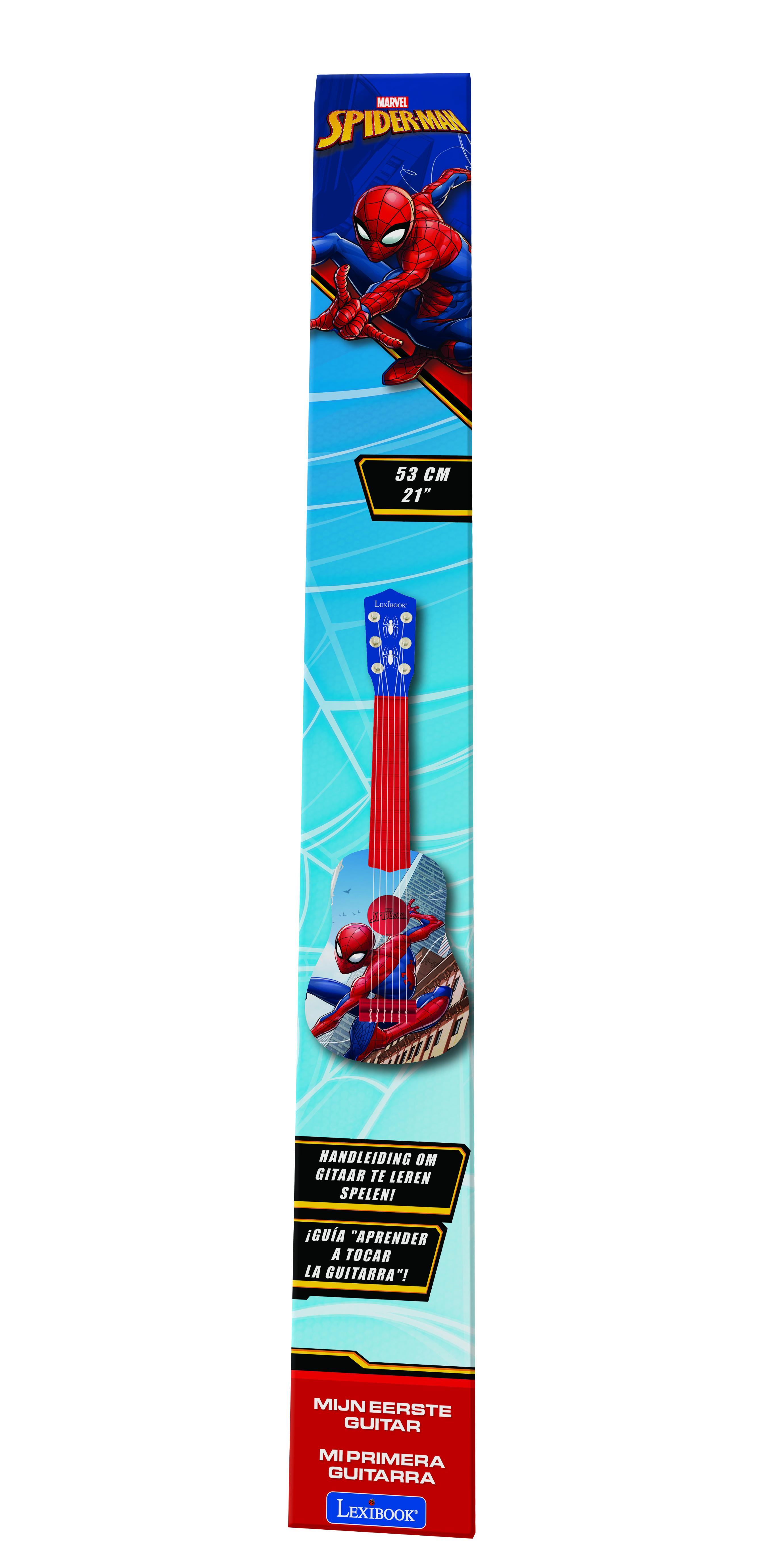Una caja larga con una ilustración de guitarra de Spider-Man y texto en varios idiomas.