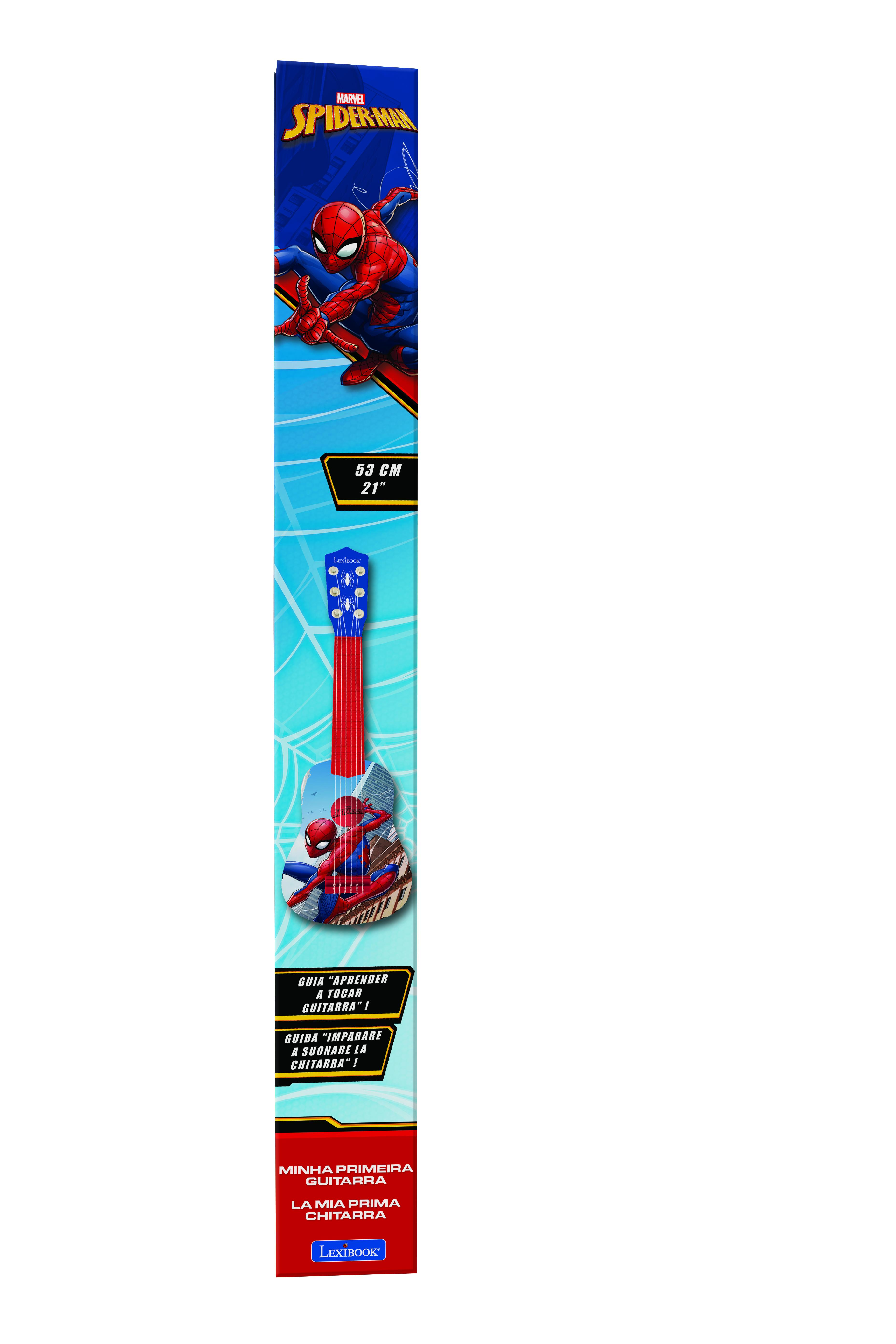 Paquete de guitarra de Spiderman con una guitarra roja, en una caja de exhibición larga.