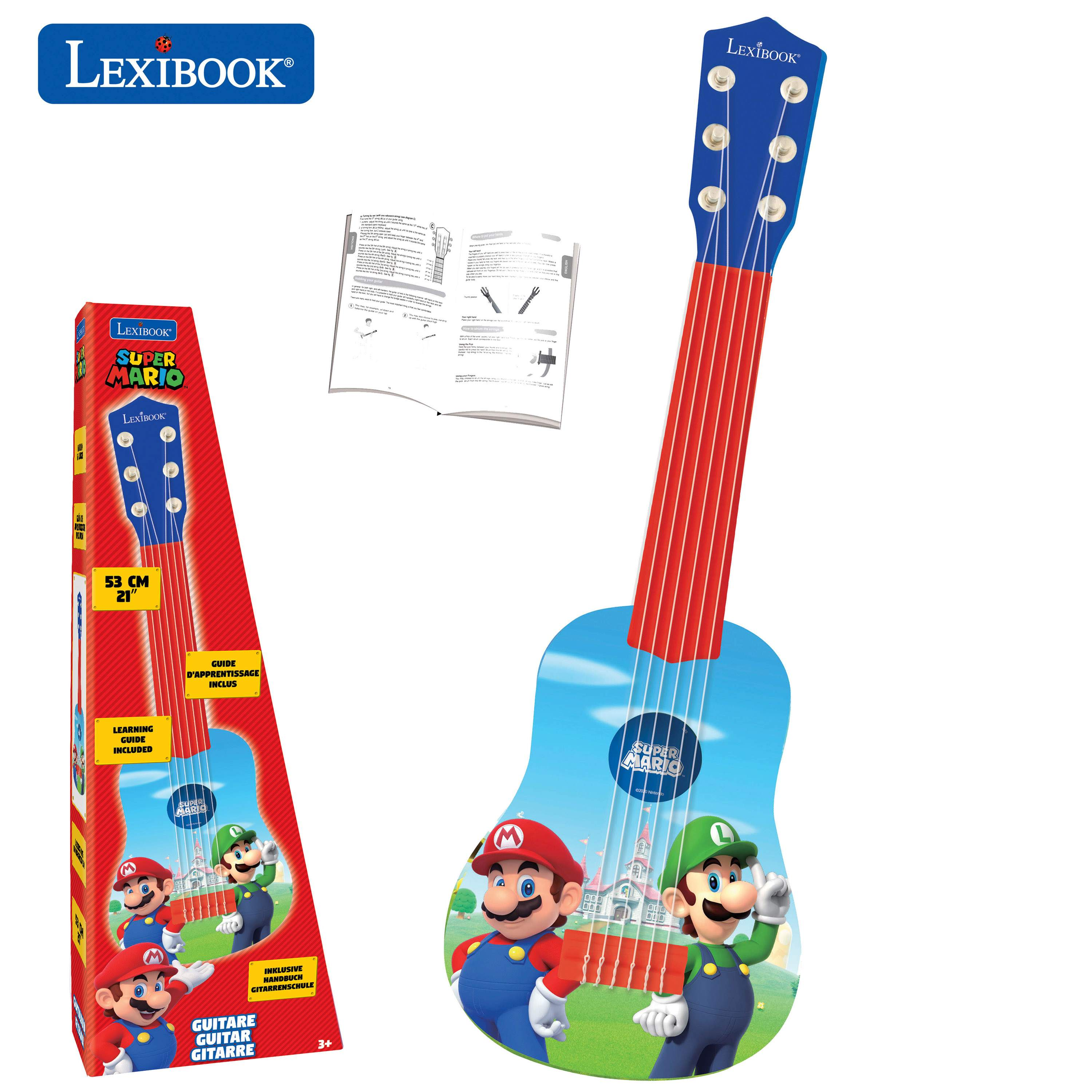 Un juguete de guitarra de Super Mario en su caja y junto a una guía de aprendizaje abierta. Con Mario y Luigi.