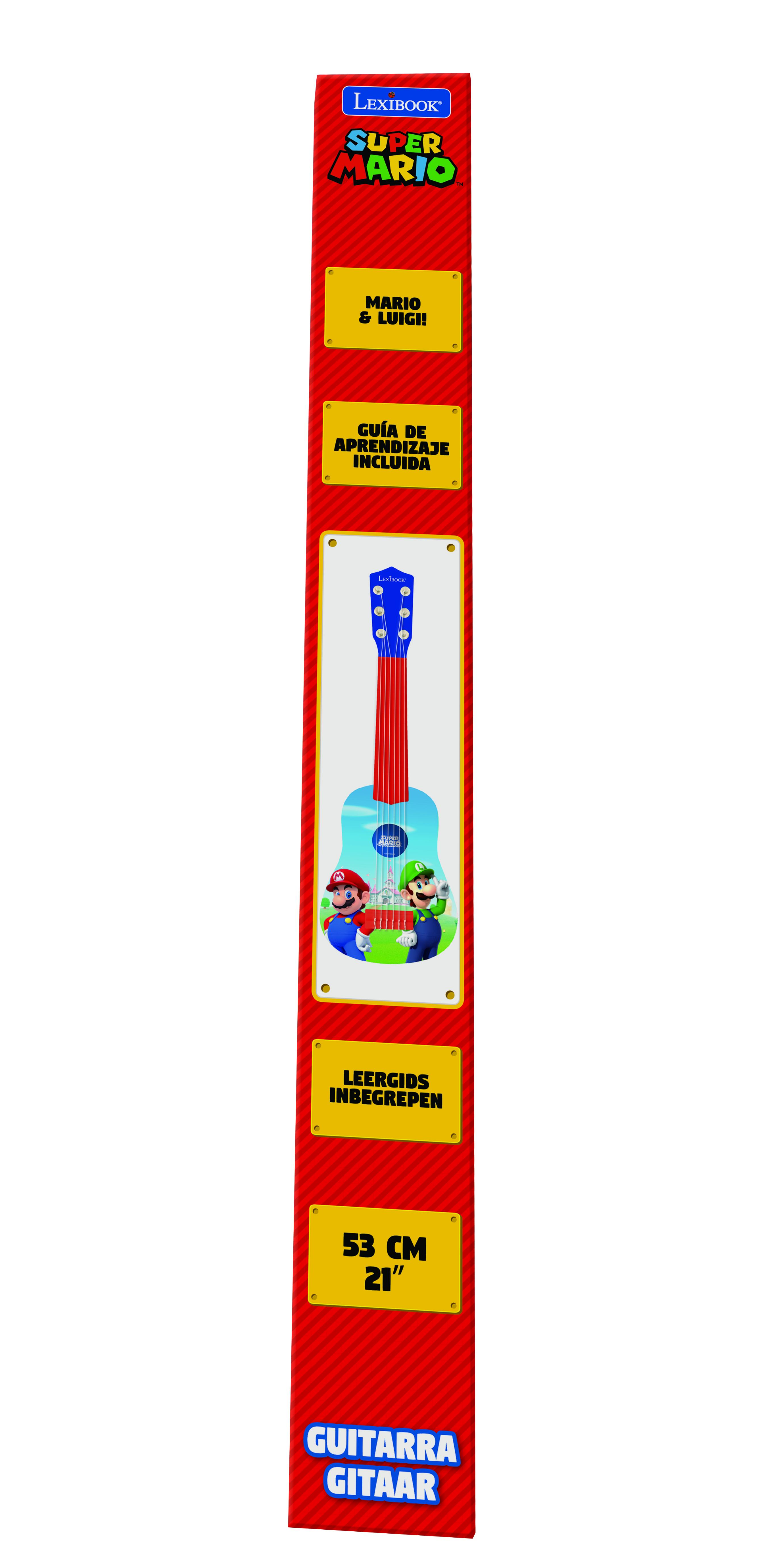 Embalaje de caja de guitarra con ilustración de guitarra roja y azul y personajes de Super Mario.
