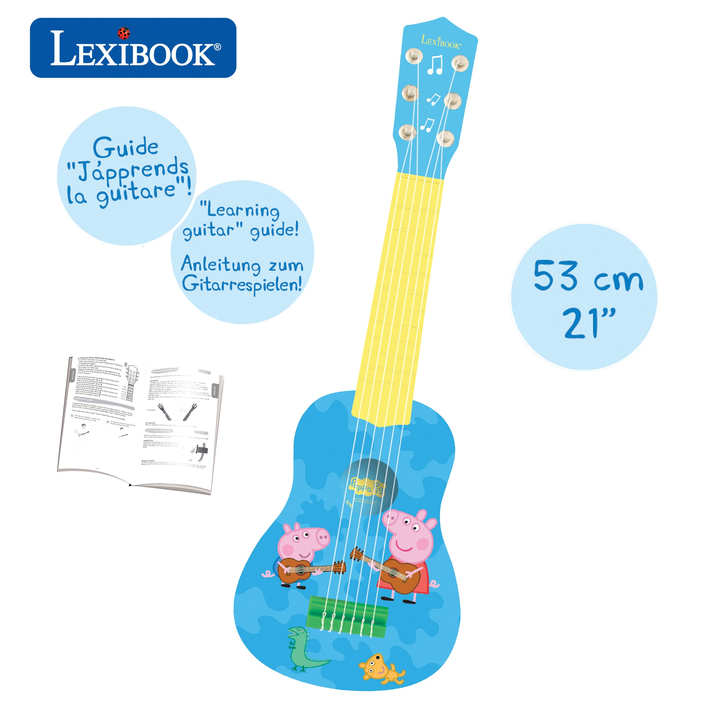 Niebieska gitara zabawka z postaciami Peppy. Zawiera tekst przewodnika i informacje o rozmiarze. Białe tło.
