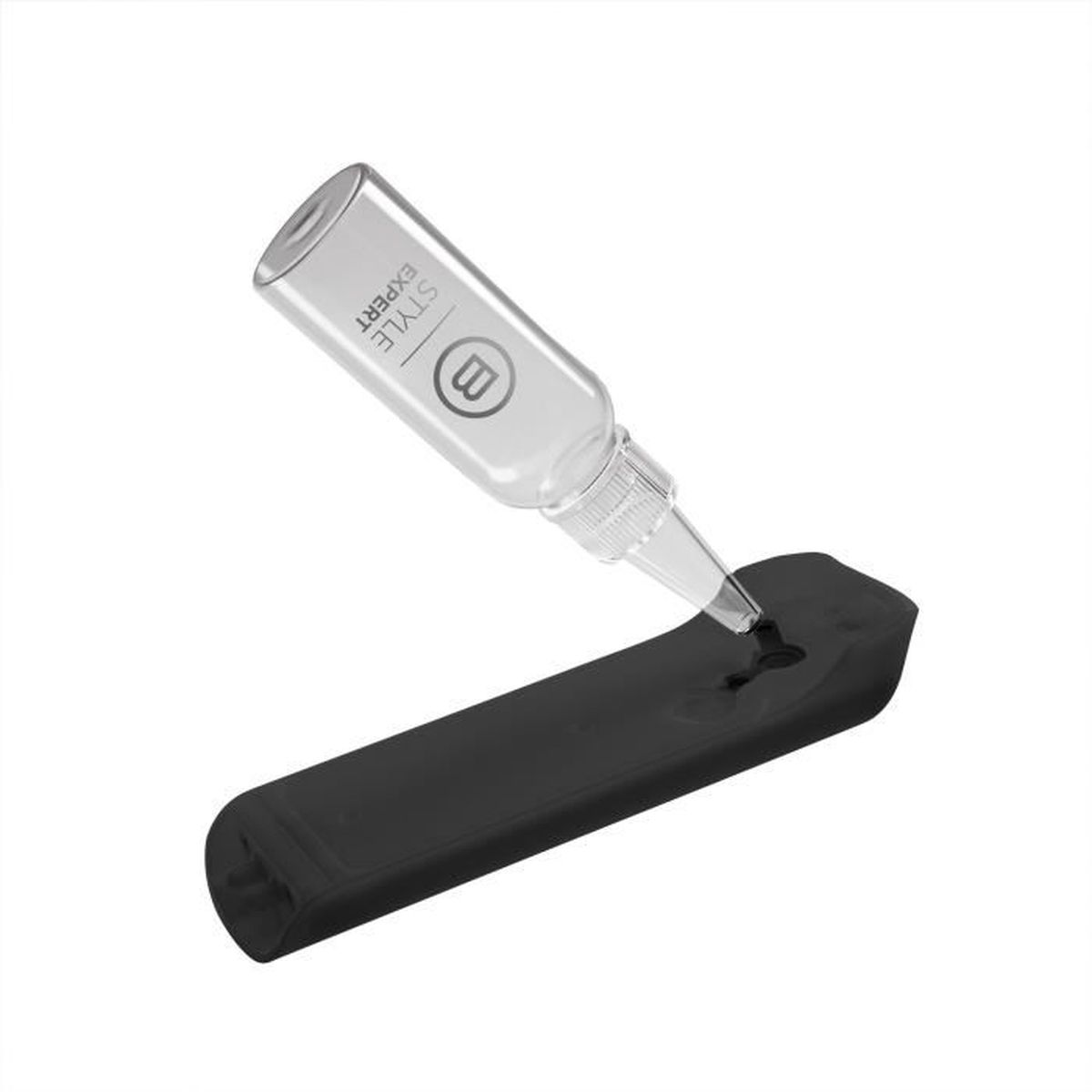 Przezroczysta butelka z białą etykietą i czarną podstawą.