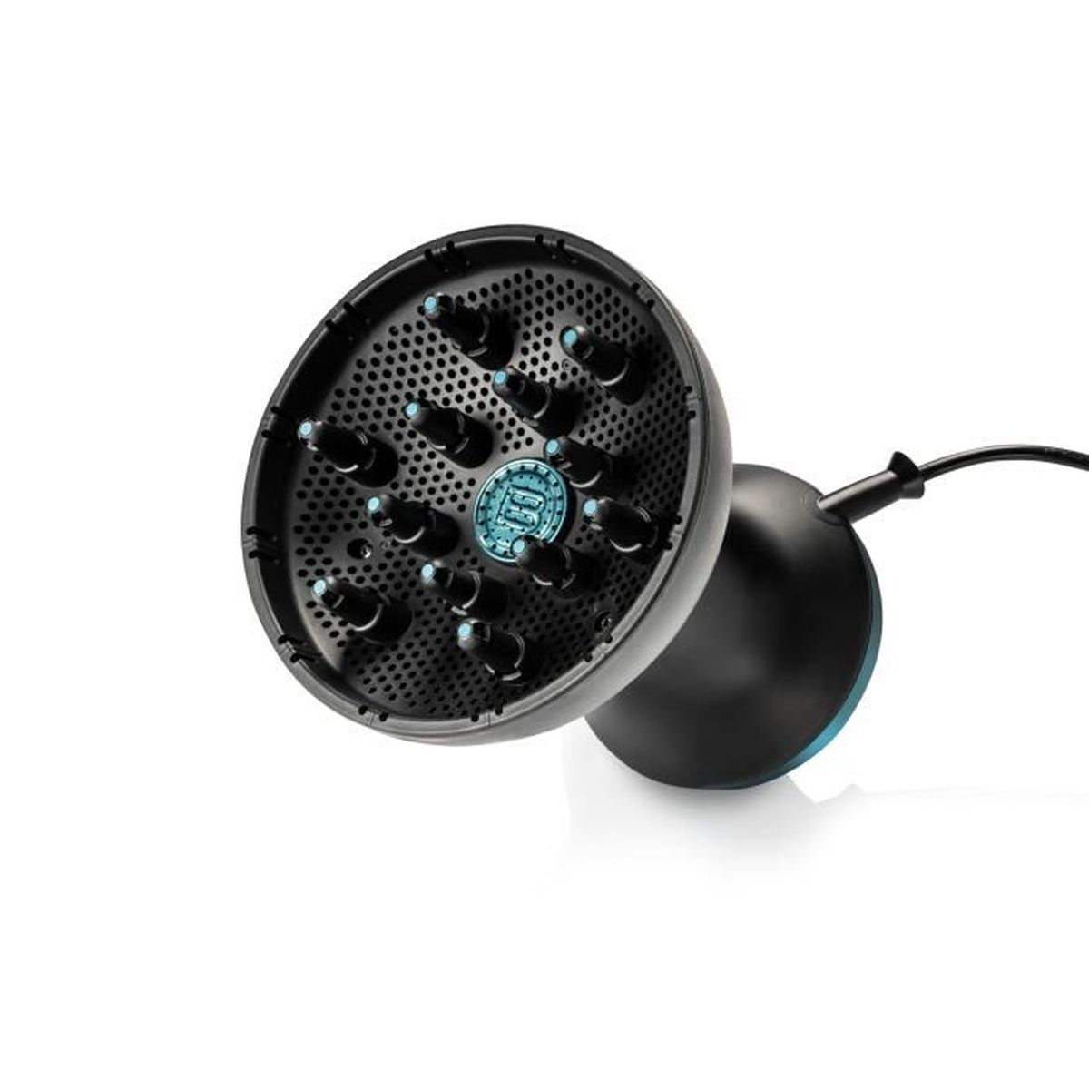 Haardroger diffuser. Het is zwart met een blauwe accentkleur en veel gaten.