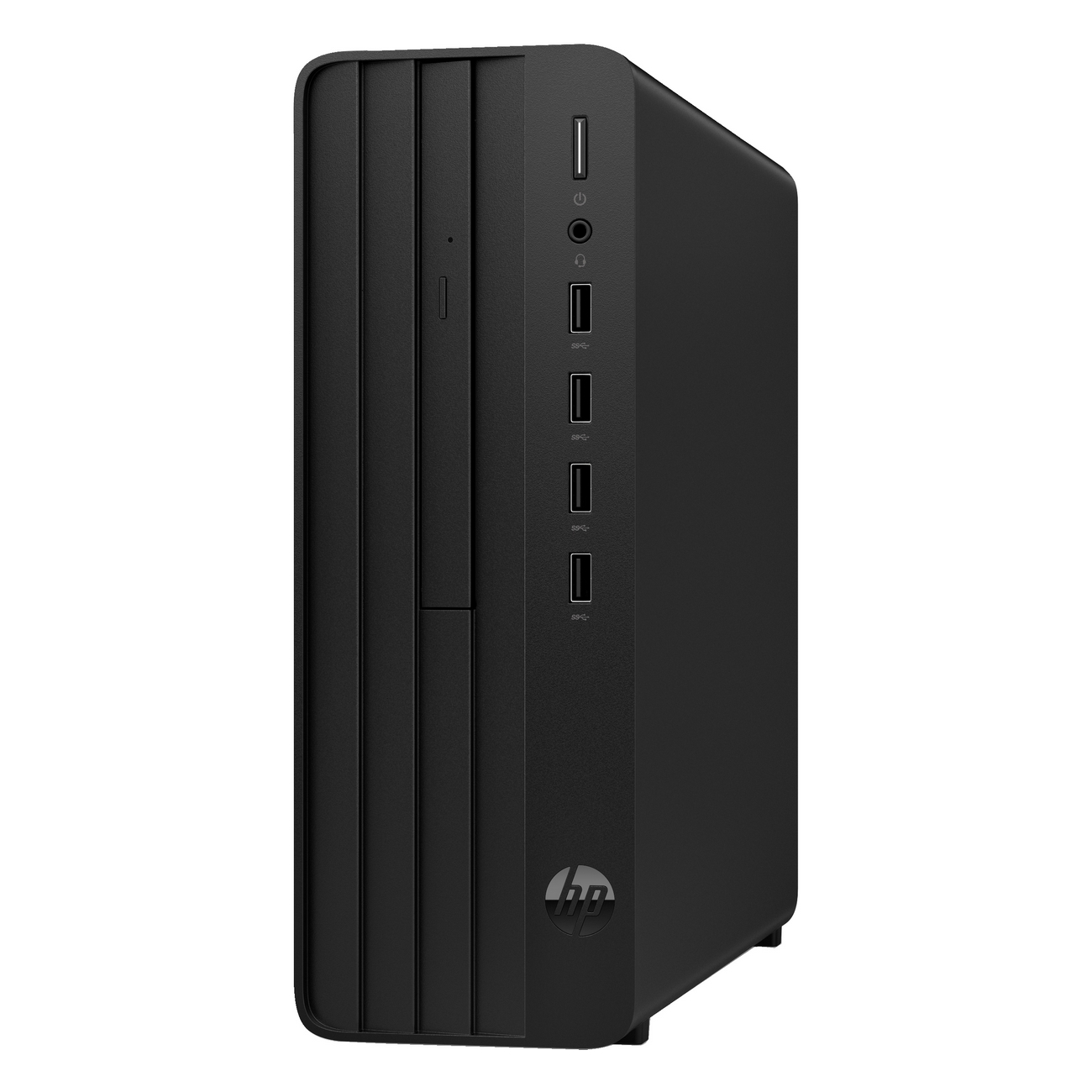 Torre del computer desktop nera. Il pannello frontale ha porte USB, pulsante di accensione e logo HP.