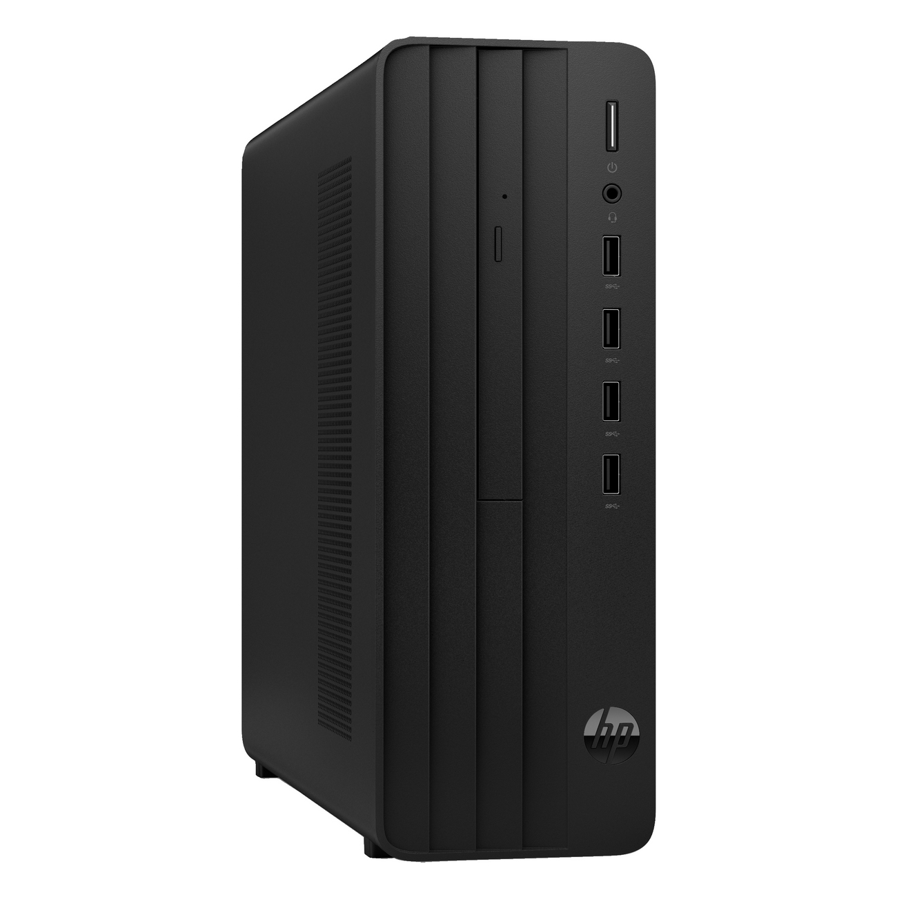 Un case per computer desktop nero, con porte e pulsante di accensione frontali.