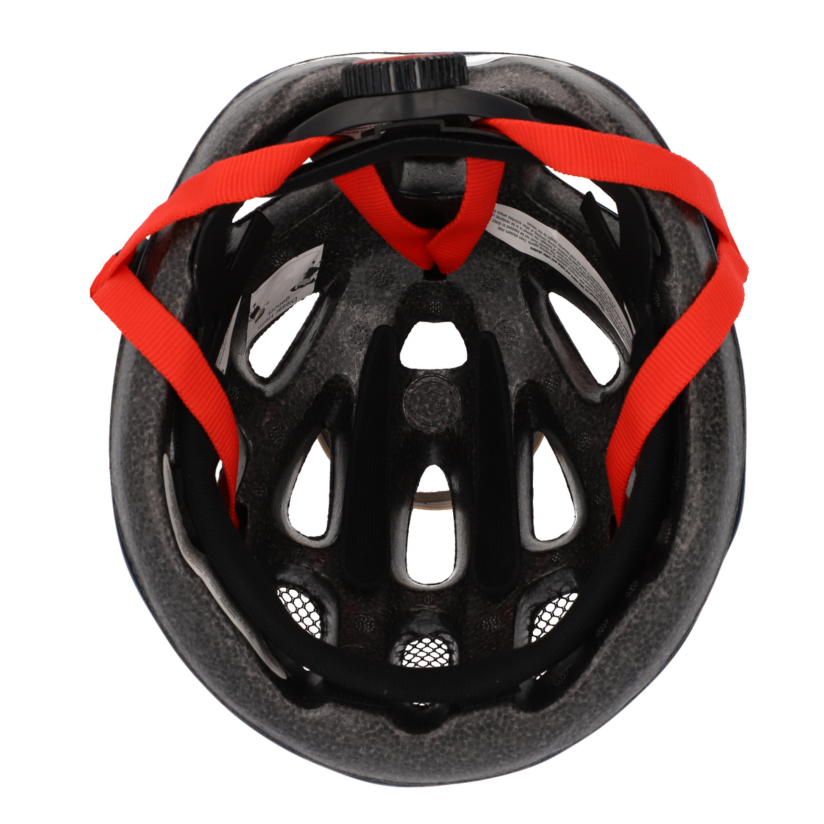 Schwarzer Fahrradhelm, Draufsicht, rote Riemen, Belüftungslöcher.