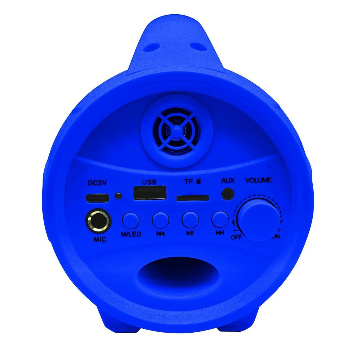 Niebieski głośnik z przyciskami, pokrętłem głośności i portami wejściowymi, na białym tle.