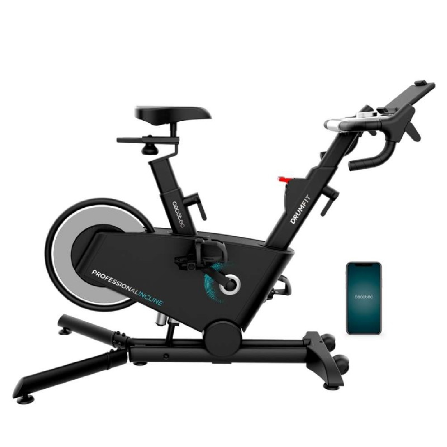 Czarny rower treningowy ze smartfonem, pokazujący markę Cecotec i tekst drumfit.