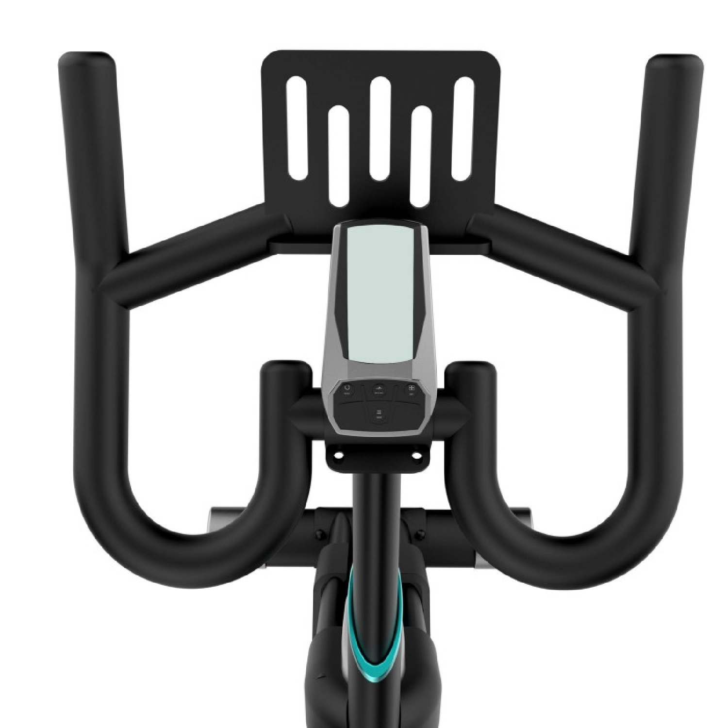 Manillar negro de bicicleta de ejercicio con pantalla. Fondo blanco.