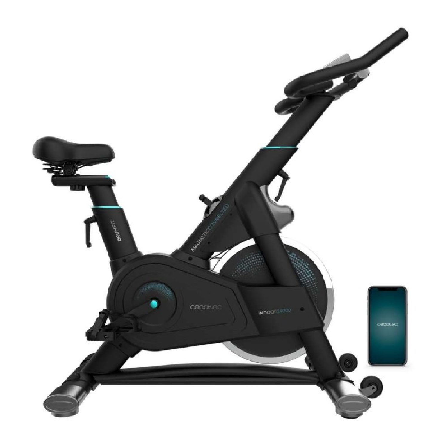 Bicicleta de ejercicio negra con un teléfono móvil mostrando una aplicación.
