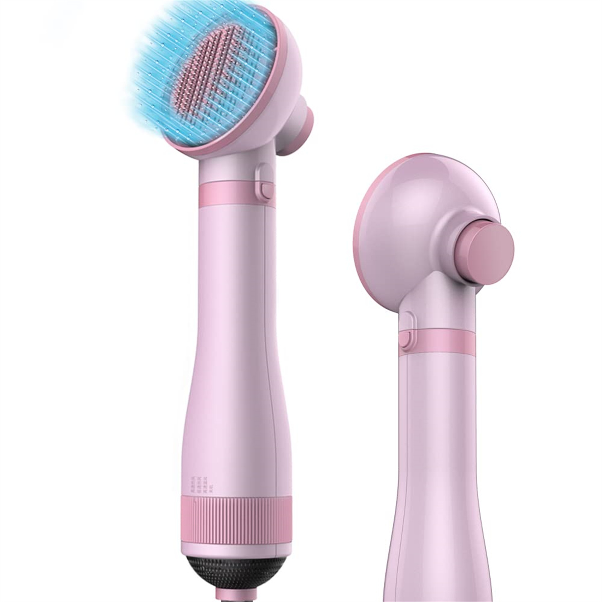 Zwei pinkfarbene elektrische Haarbürsten. Weißer Hintergrund.