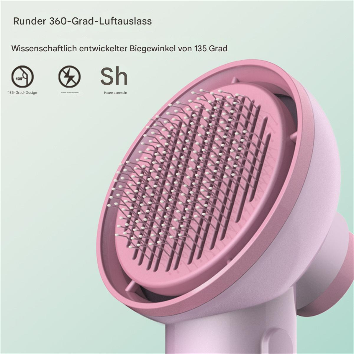 Ein rosa-weißer Bürstenkopf mit Borsten und Text auf Deutsch.