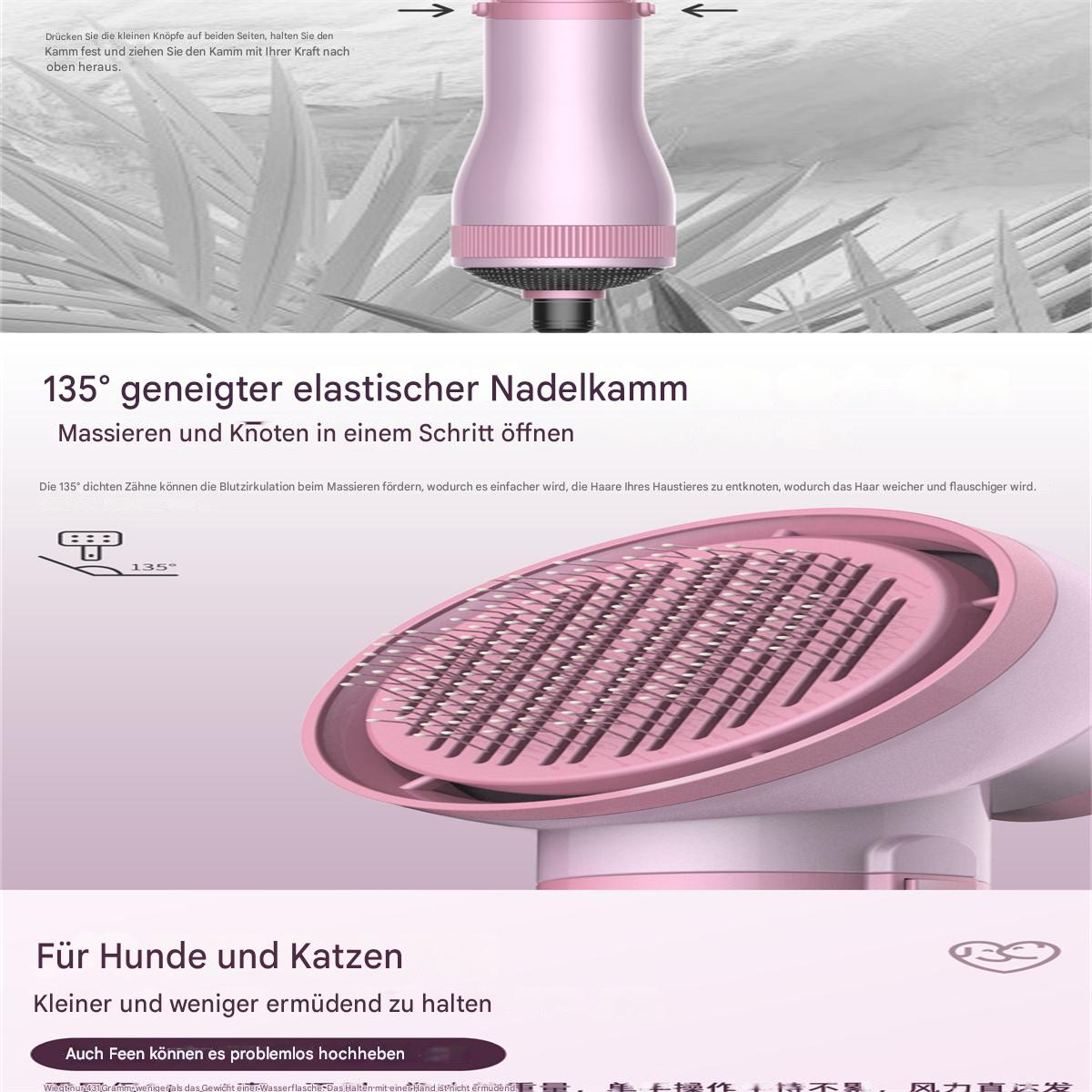Ein rosa Haustierpflege-Werkzeug mit Kamm und Griff. Text beschreibt das Werkzeug.