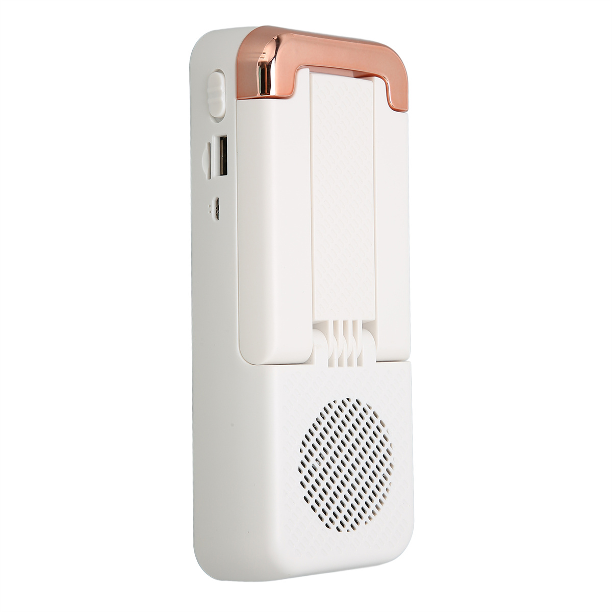 Weißer und roségoldener tragbarer Ventilator mit USB und Lautsprecher.