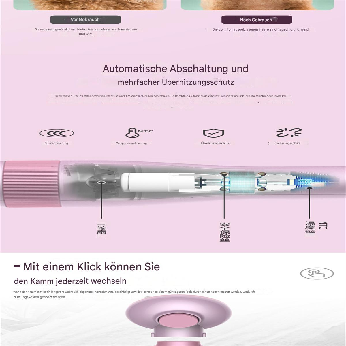 Ein rosa Haartrockner mit hervorgehobenen internen Komponenten, die Vorher-Nachher-Effekte der Haarbehandlung zeigen.