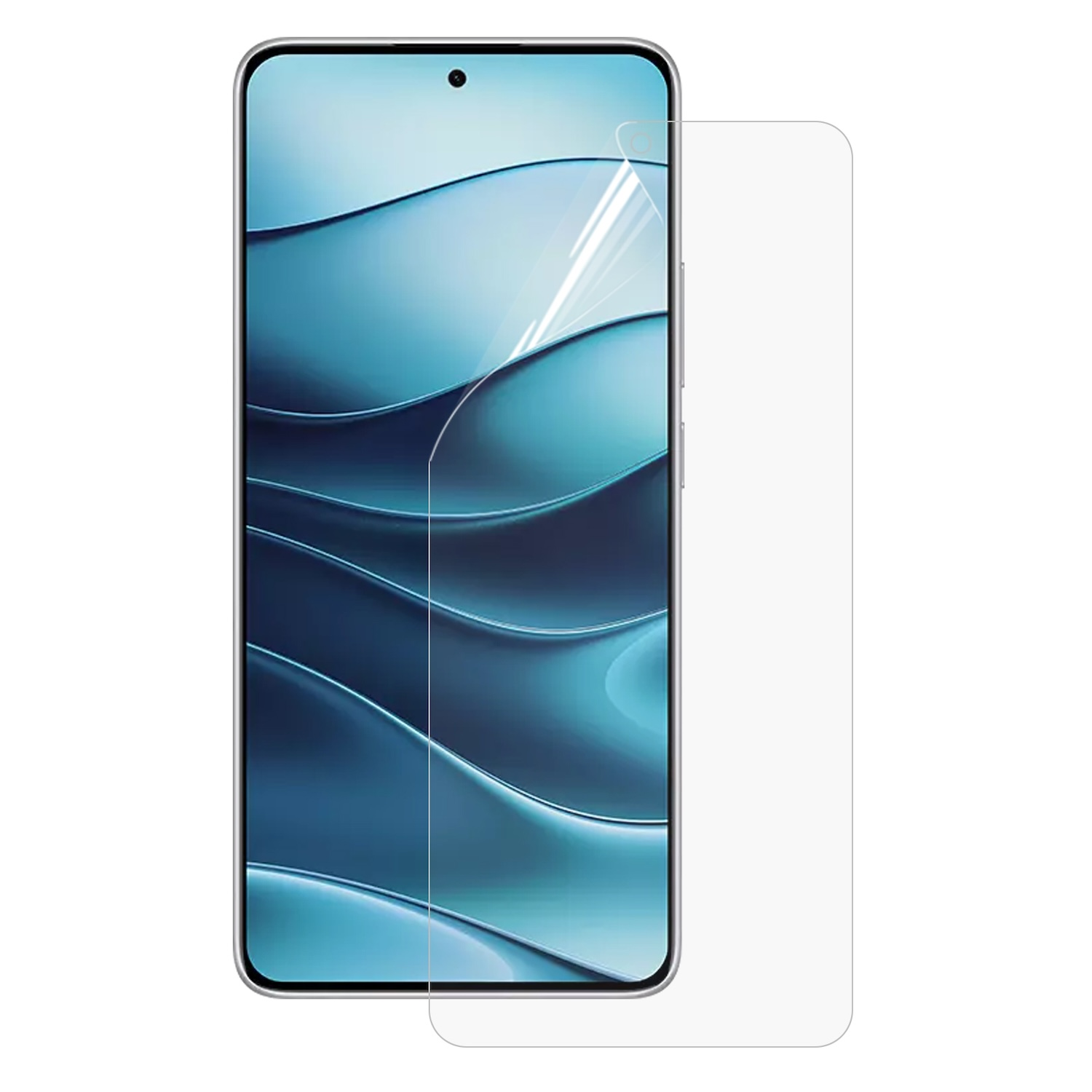 Un telefono con un proteggi schermo applicato. Il telefono ha uno sfondo blu e un proteggi schermo trasparente.