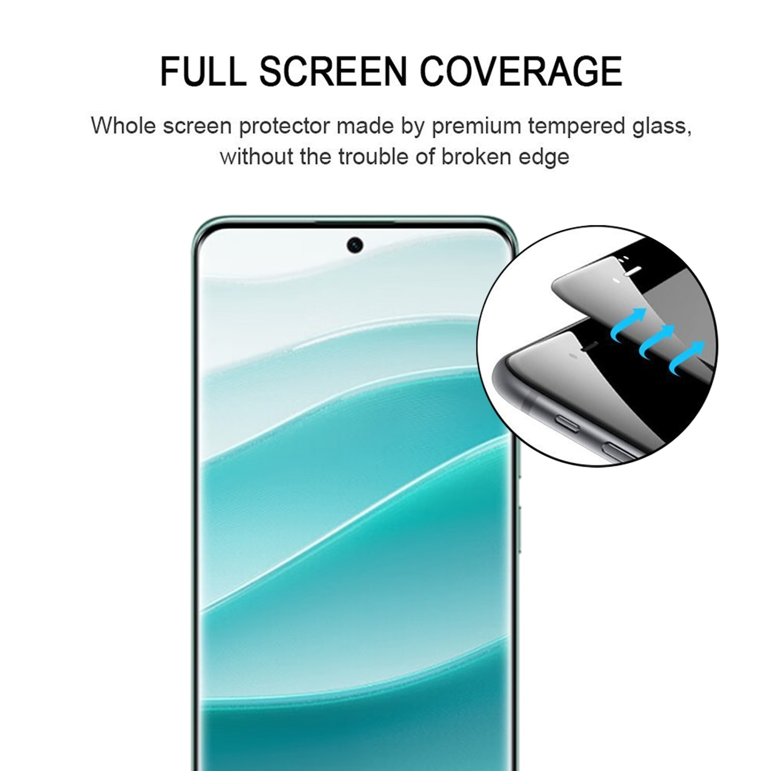 Ein Smartphone mit angebrachtem Displayschutz und eine Abbildung des Anwendungsprozesses.